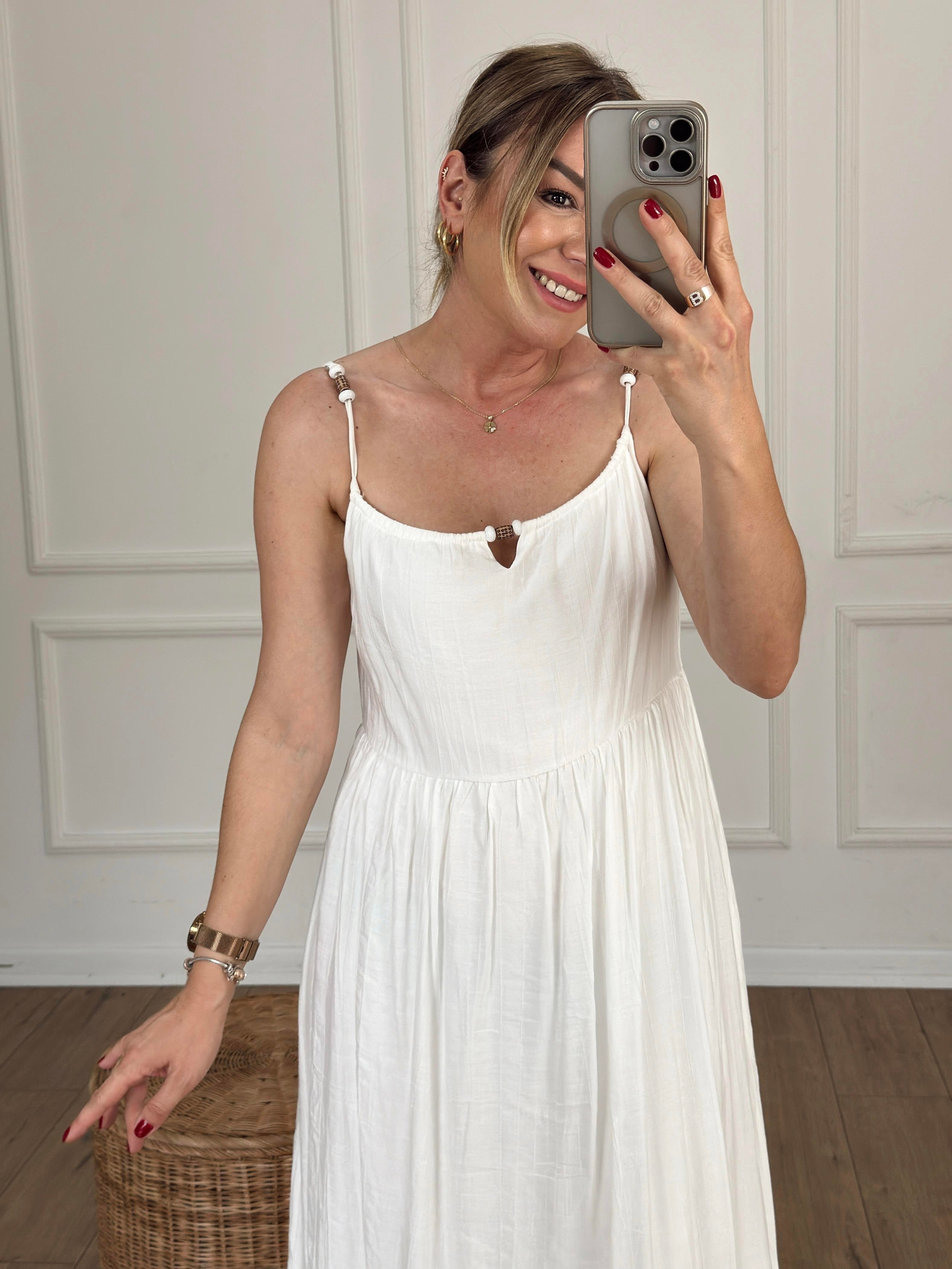 Askısı Boncuklu Elbise EKRU