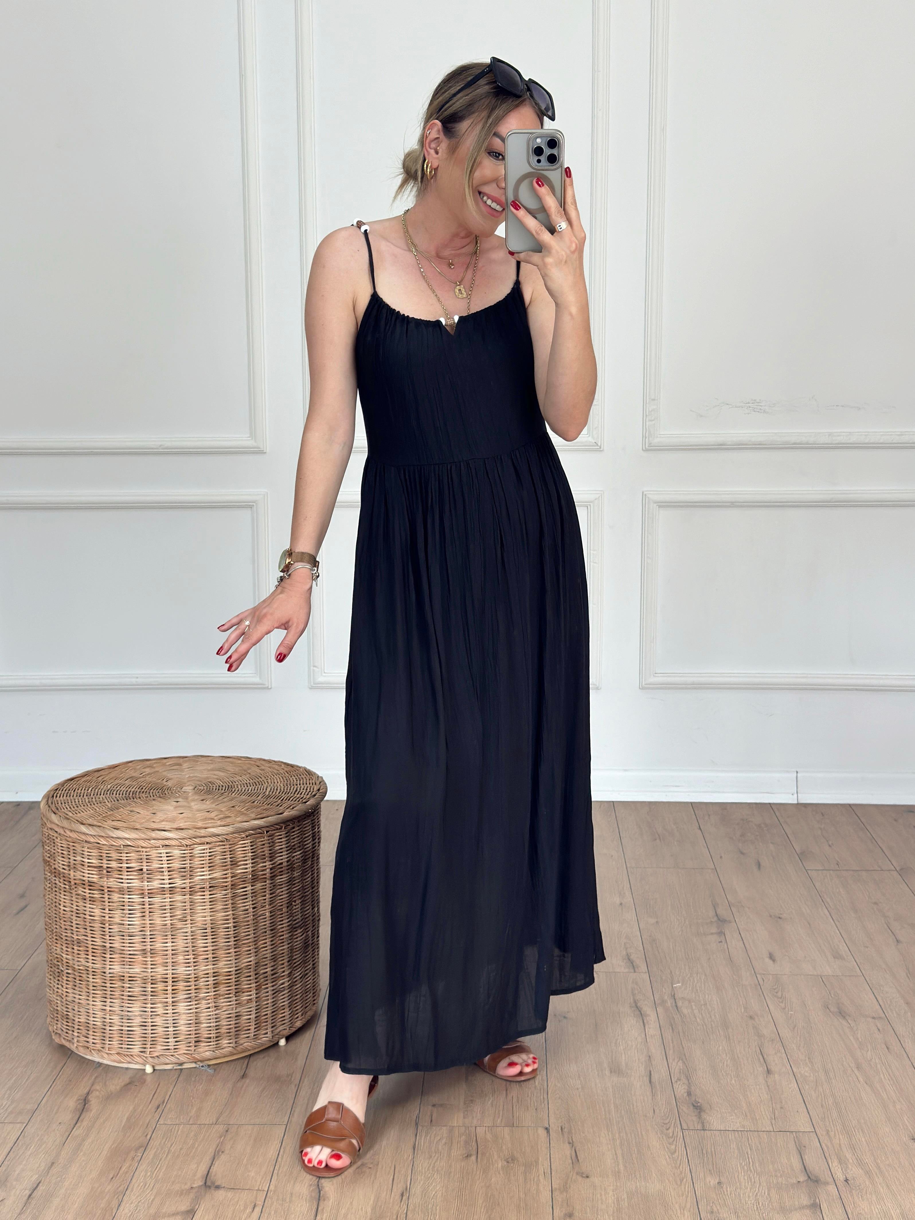 Askısı Boncuklu Elbise SİYAH