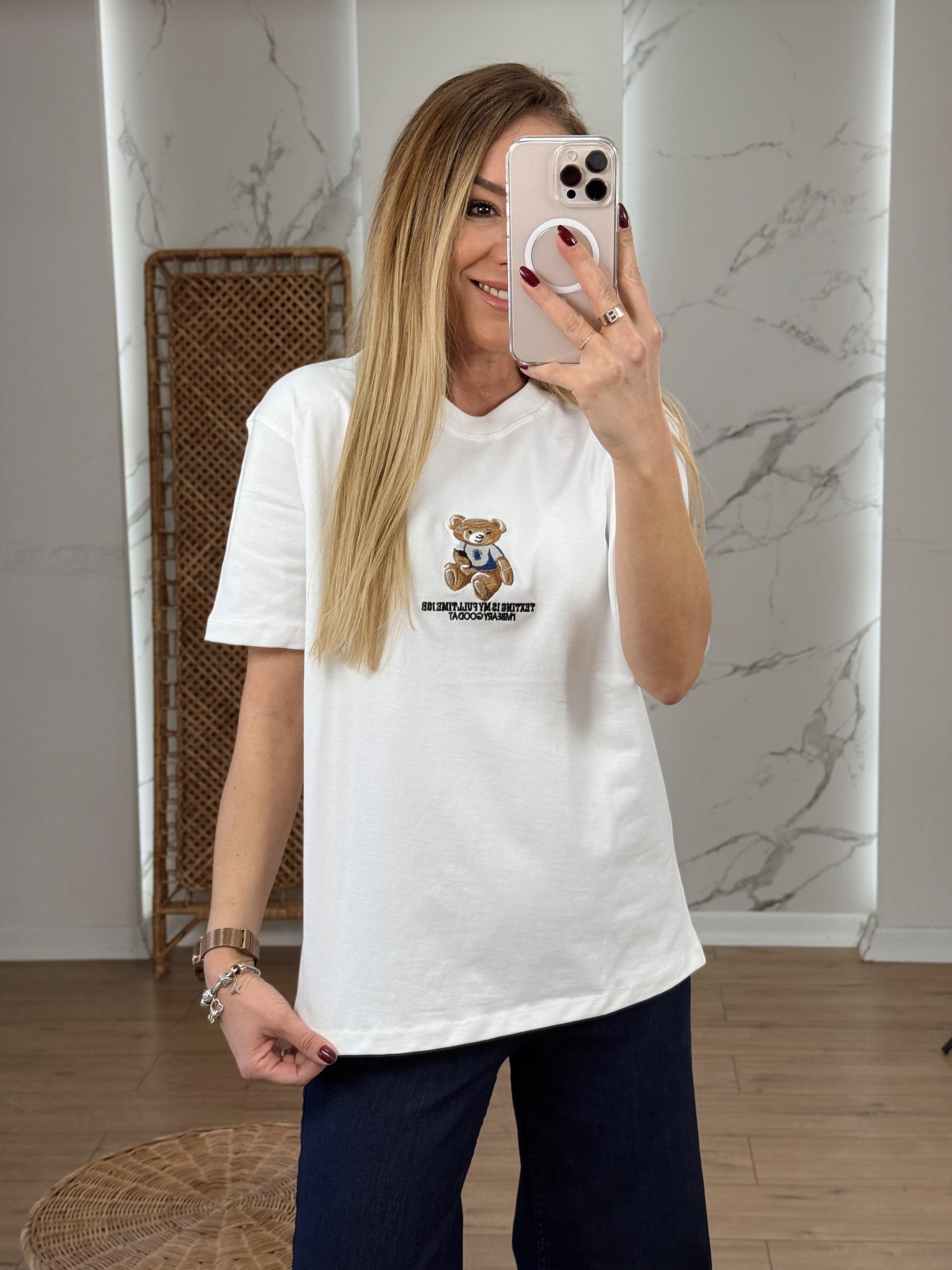 Ayıcık Nakışlı Tshirt EKRU
