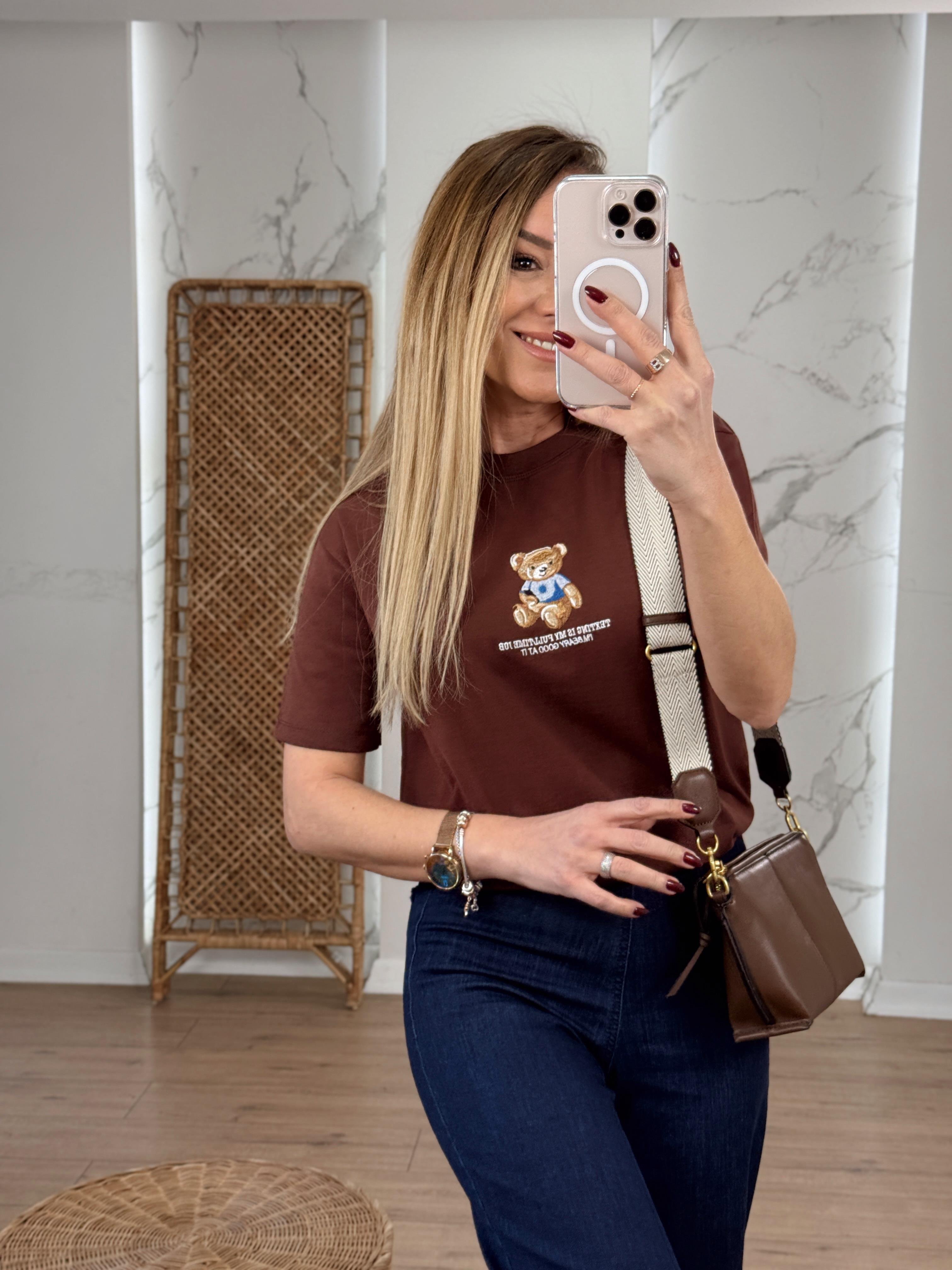 Ayıcık Nakışlı Tshirt KAHVE