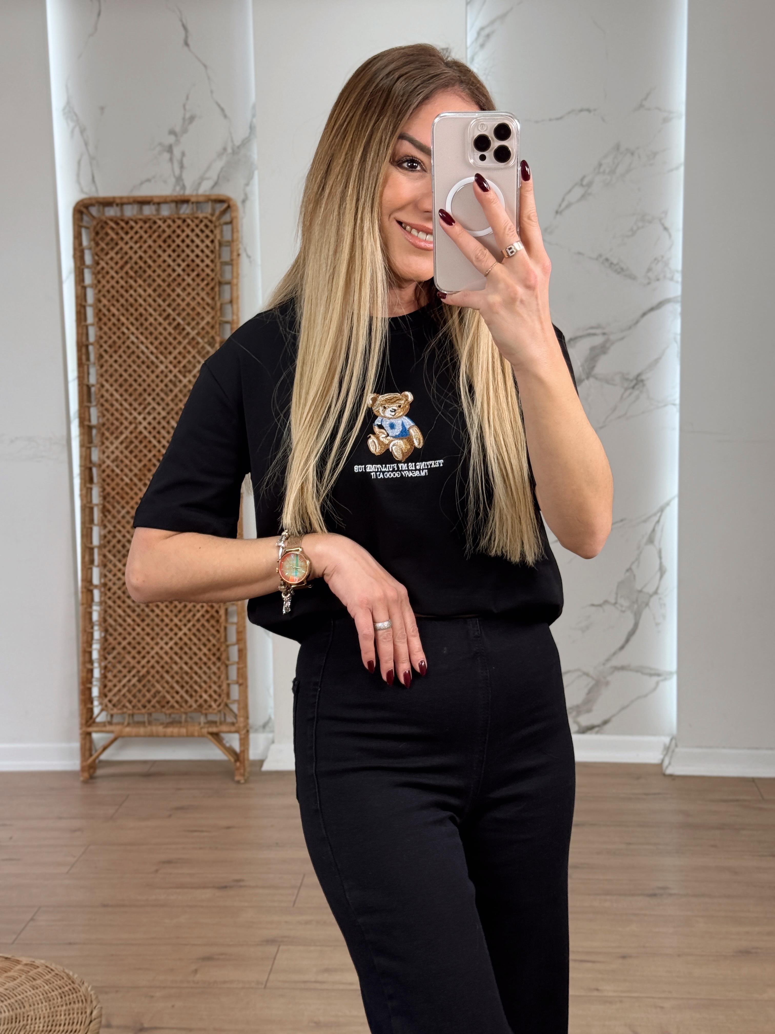 Ayıcık Nakışlı Tshirt SİYAH