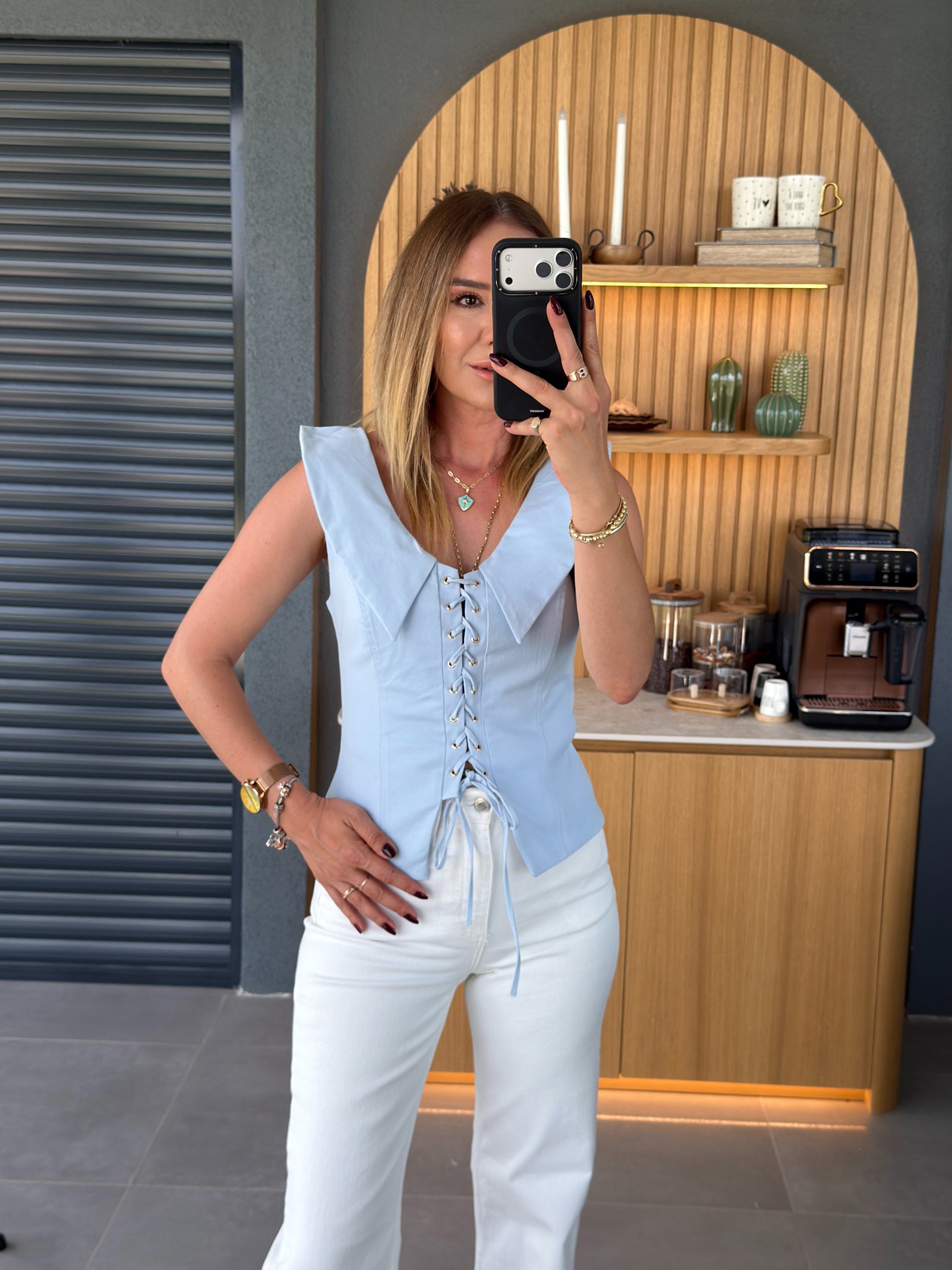 Bağcık Detaylı Bluz MAVİ