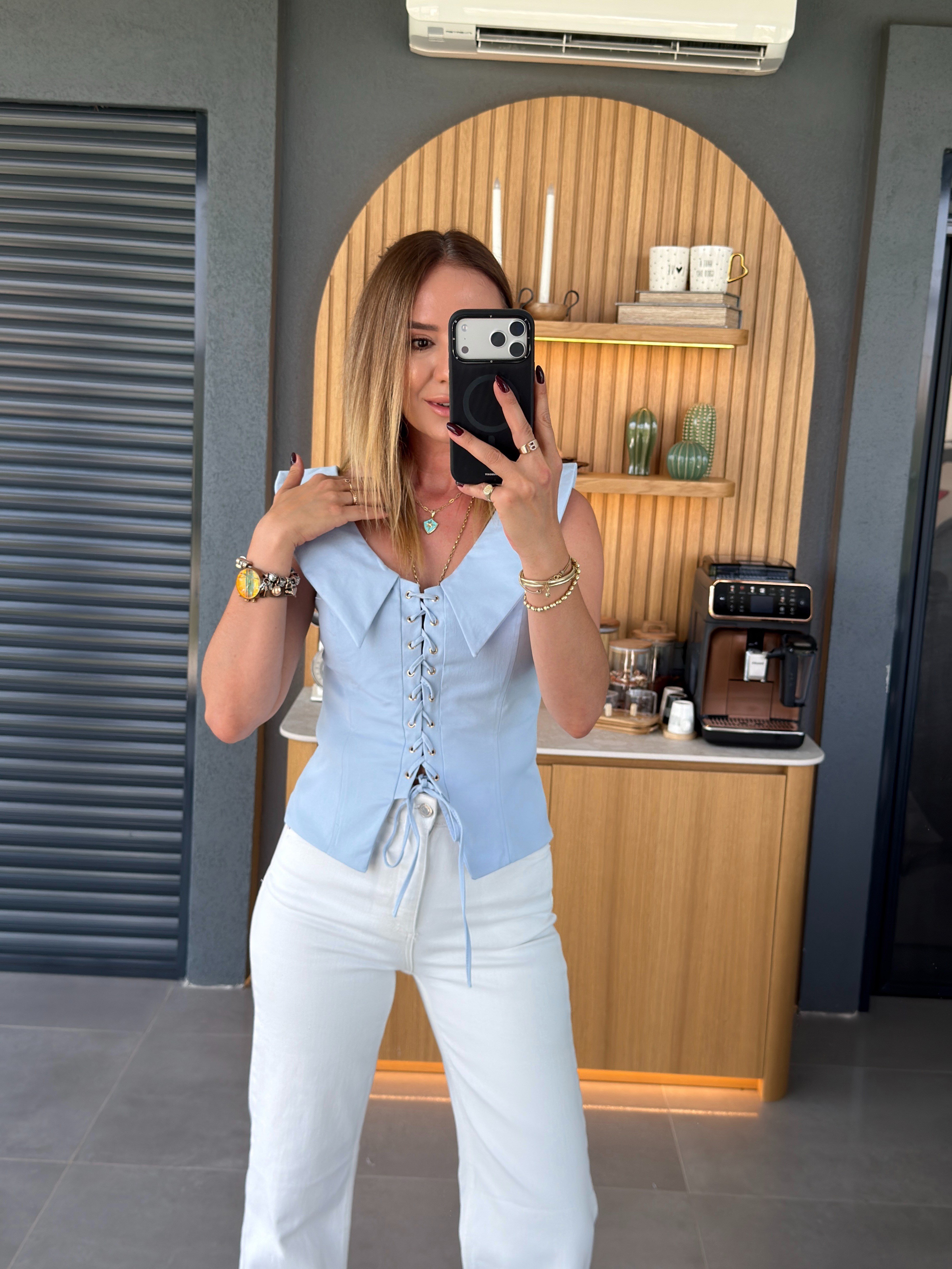Bağcık Detaylı Bluz MAVİ