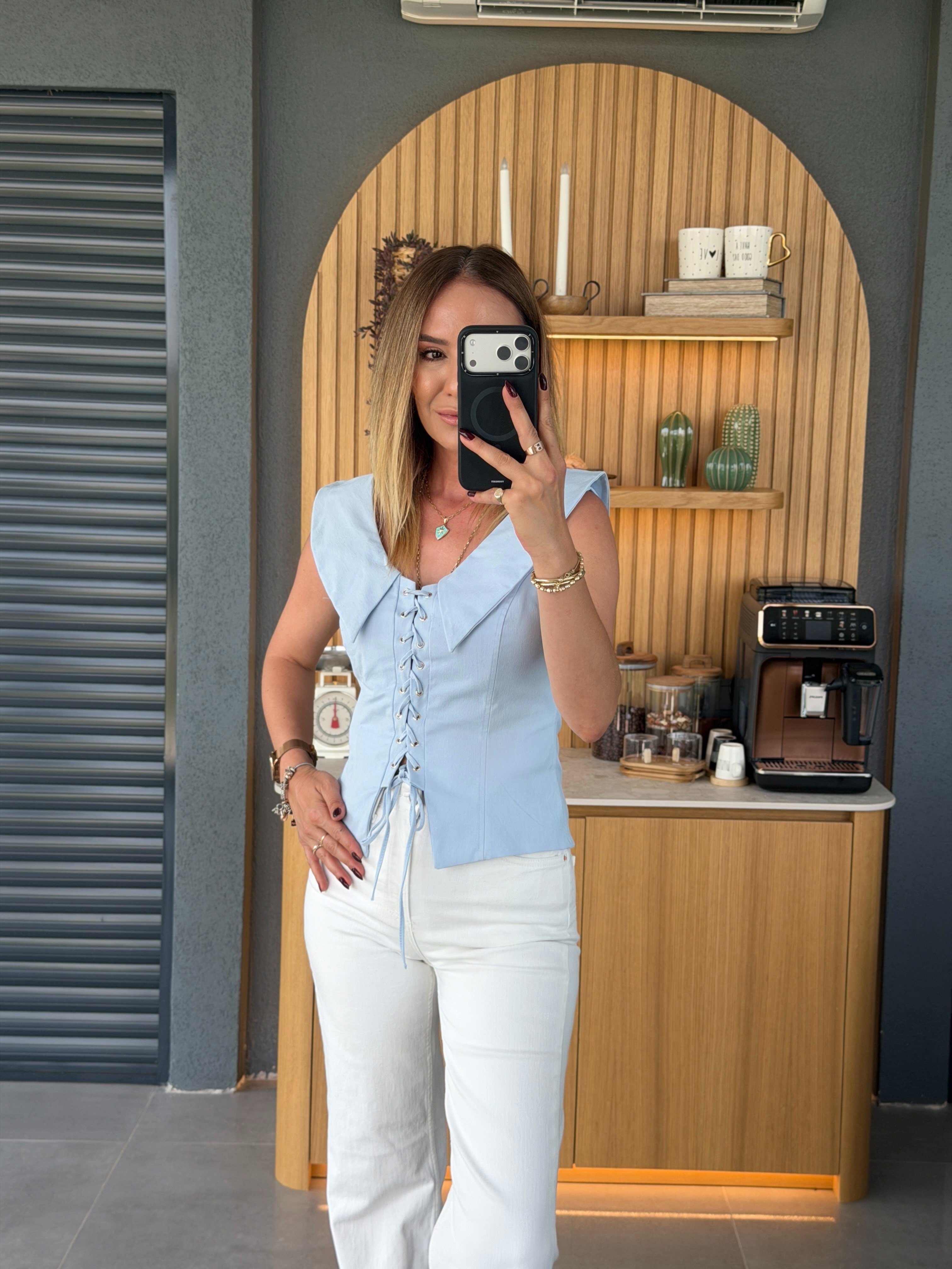 Bağcık Detaylı Bluz MAVİ