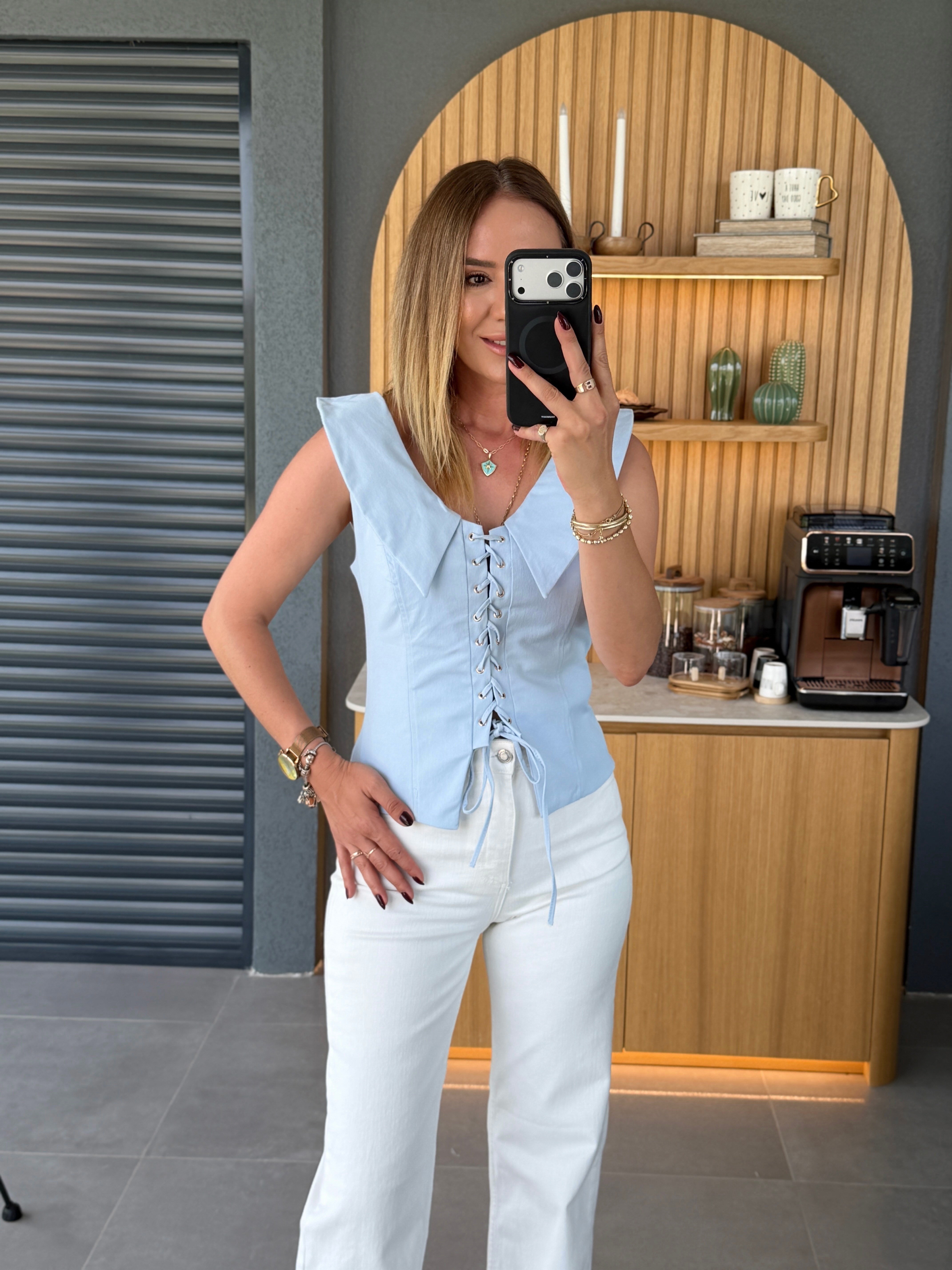 Bağcık Detaylı Bluz MAVİ