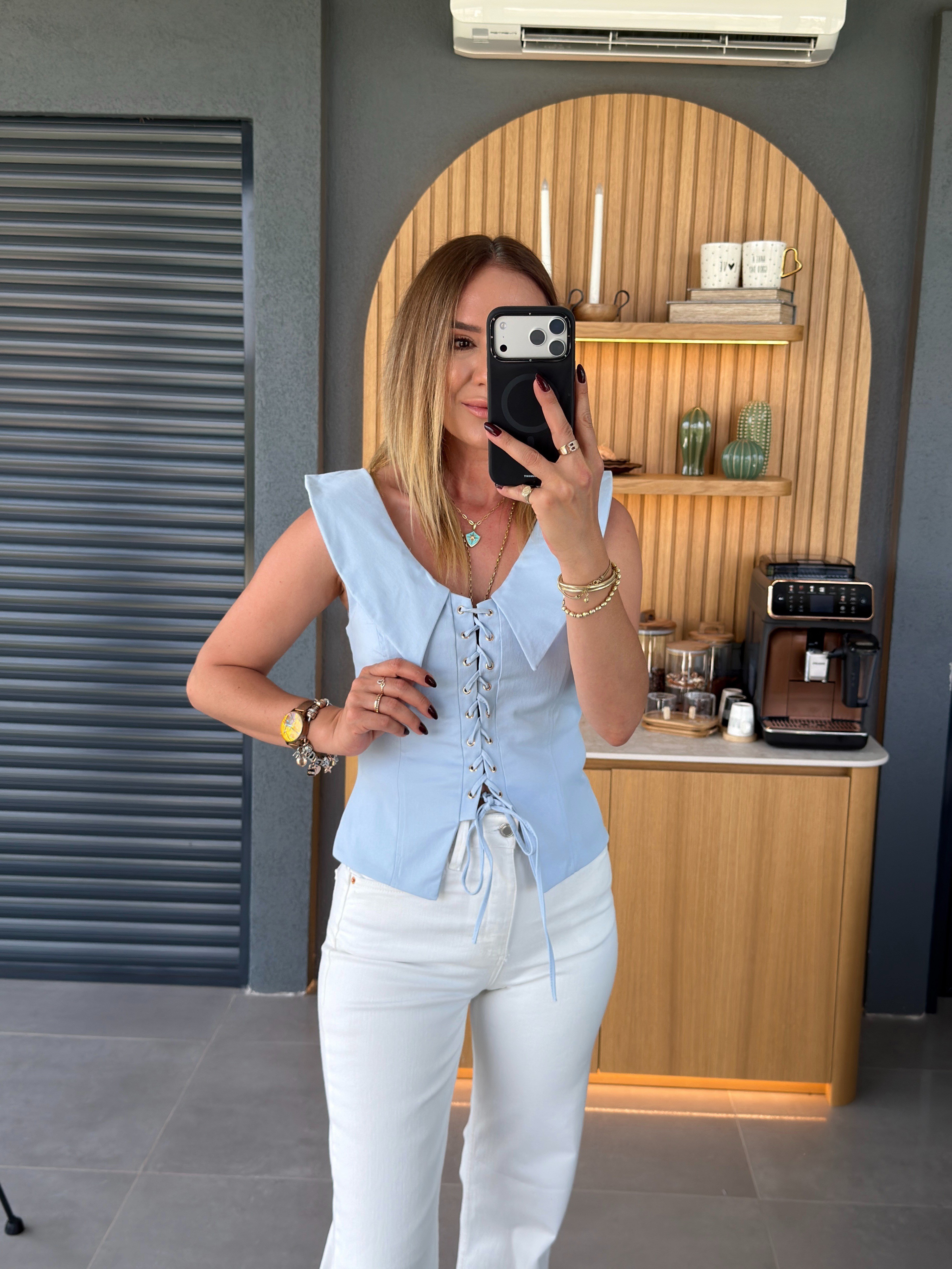 Bağcık Detaylı Bluz MAVİ