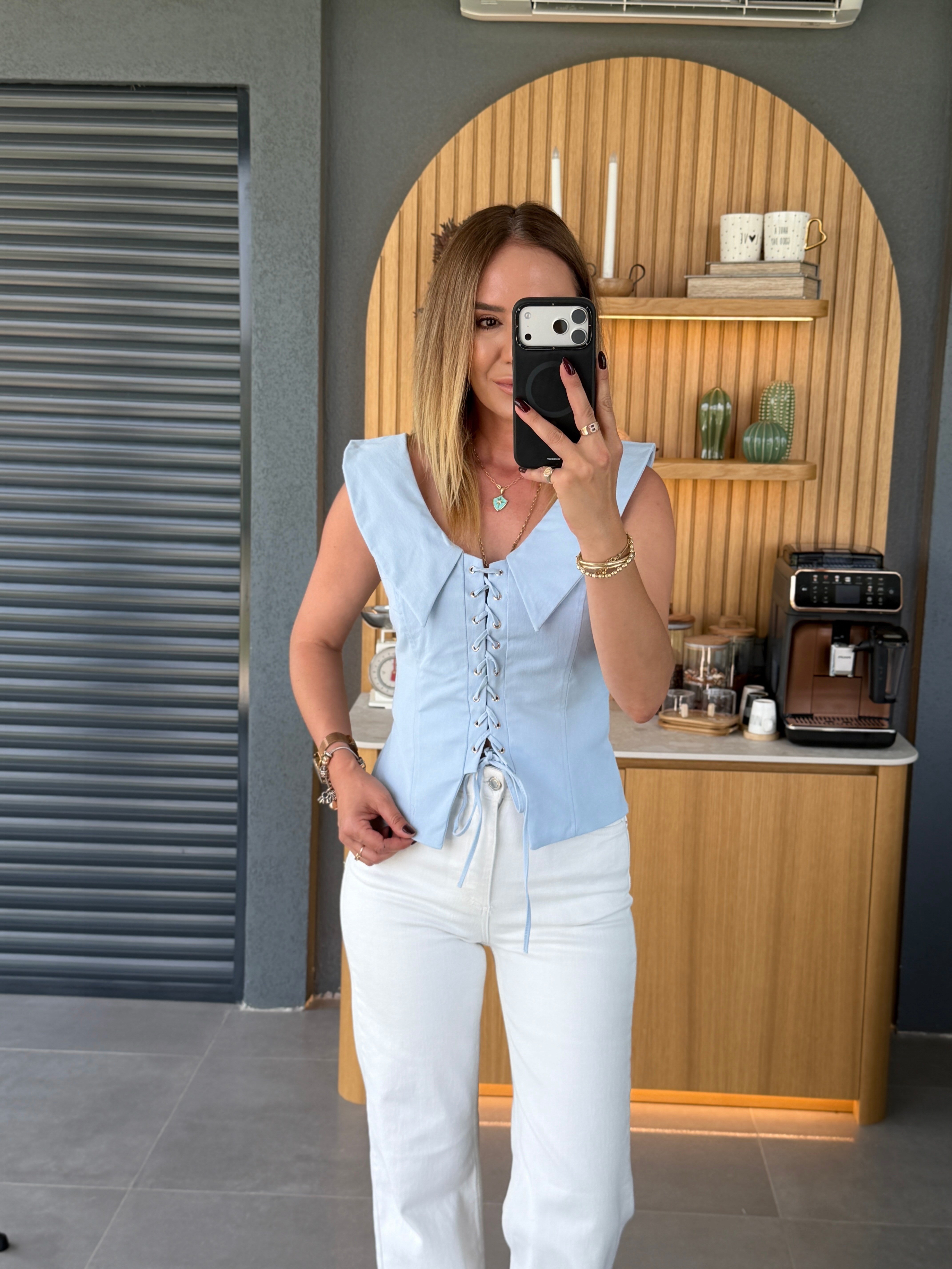 Bağcık Detaylı Bluz MAVİ