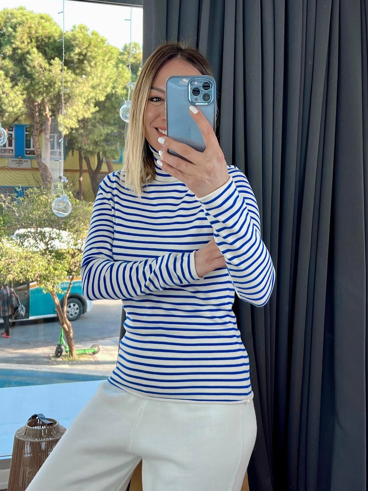 BALIKÇI YAKA ÇİZGİLİ KAZAK SAKS