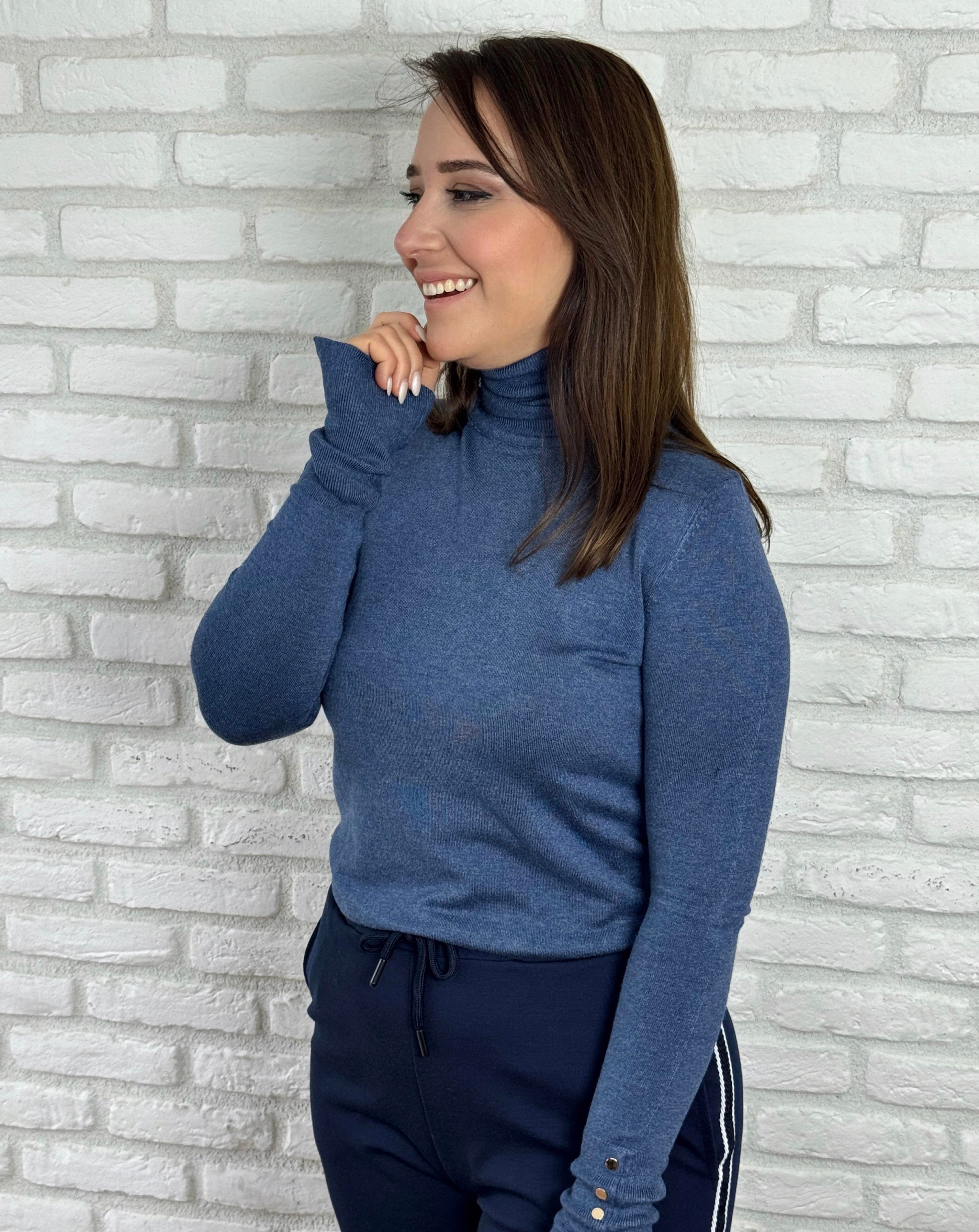 Balıkçı Yaka Kolu Droplu Kazak İNDİGO