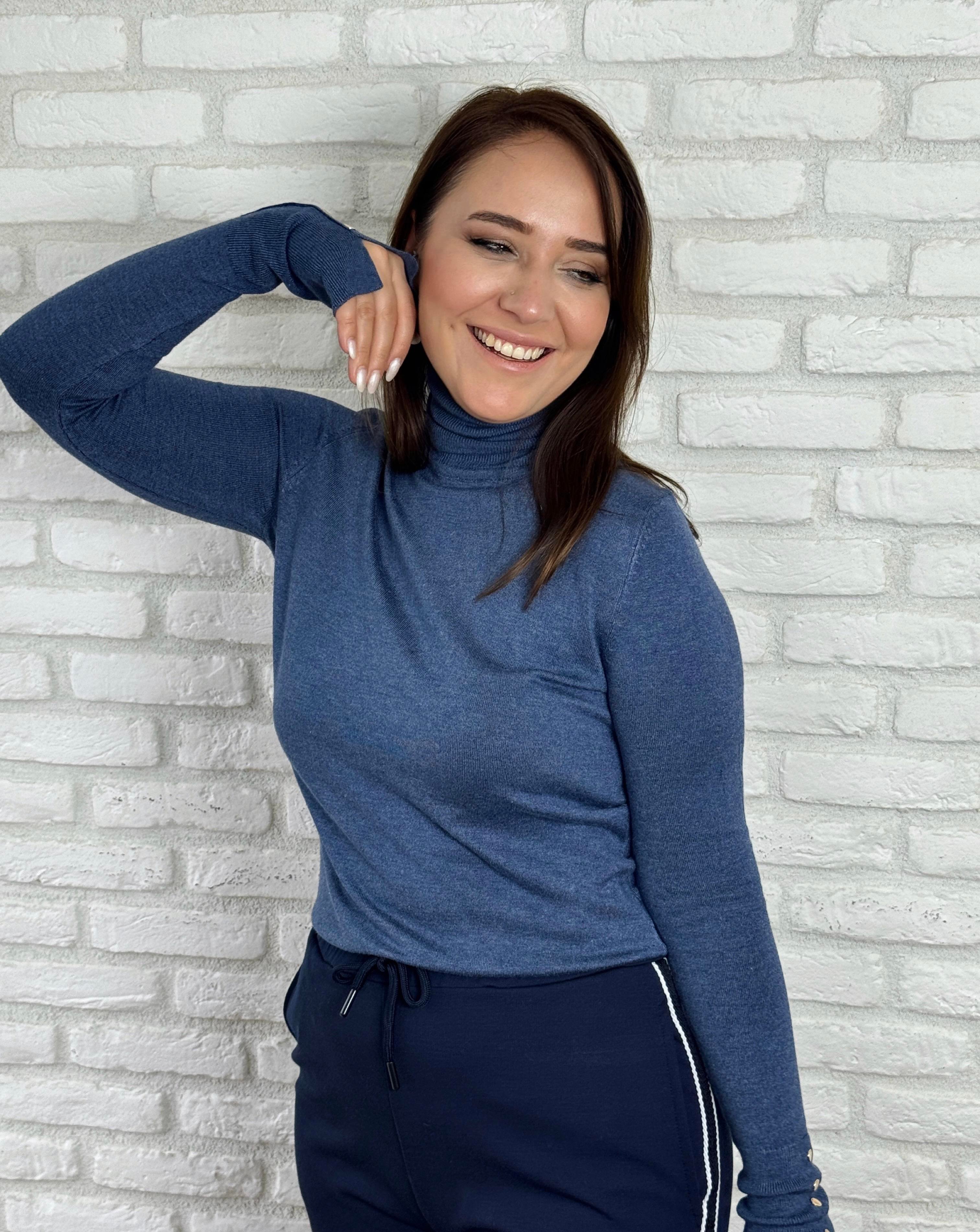 Balıkçı Yaka Kolu Droplu Kazak İNDİGO
