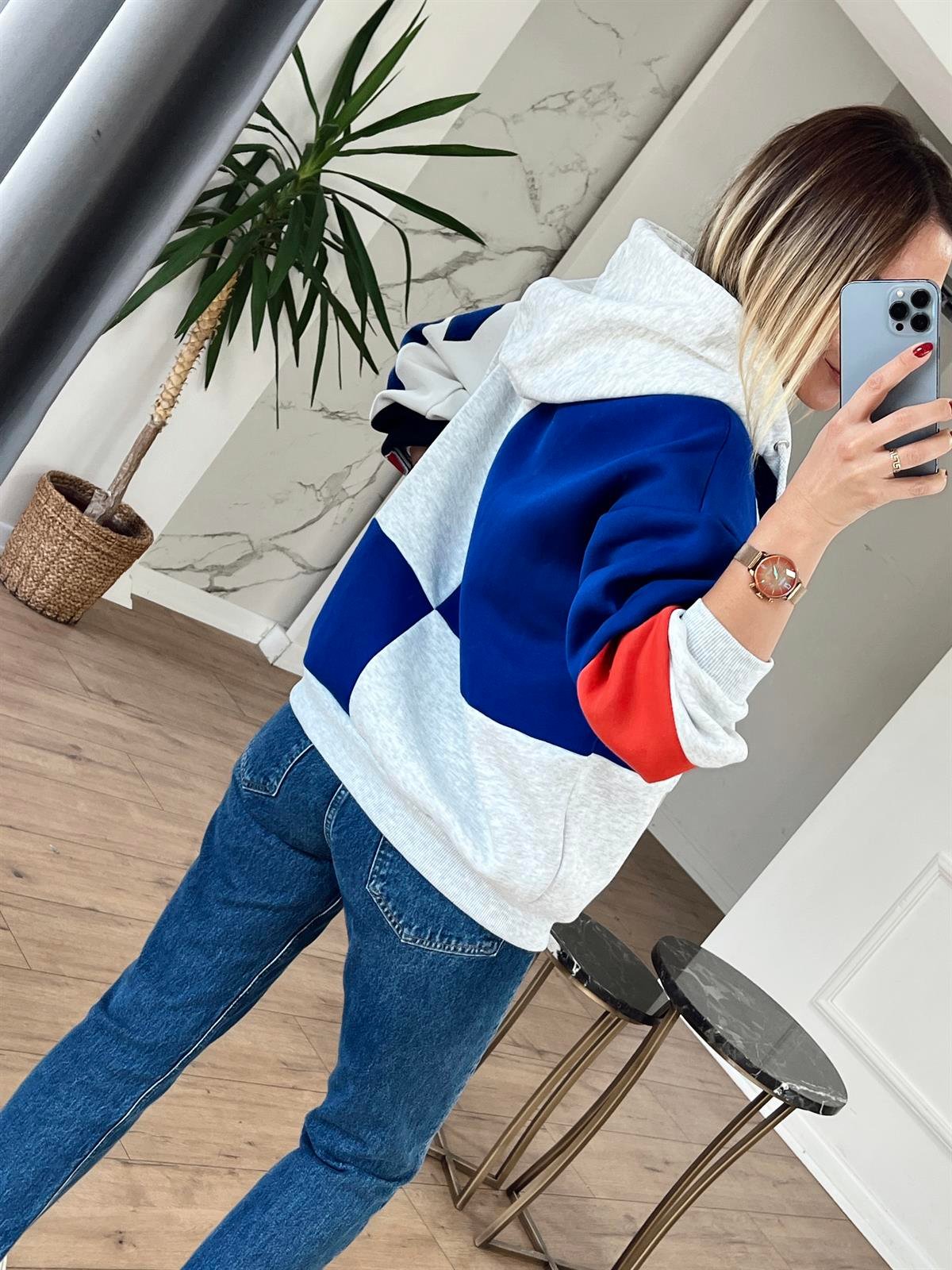 Baskı Detaylı Kapüşonlu Sweat GRİ
