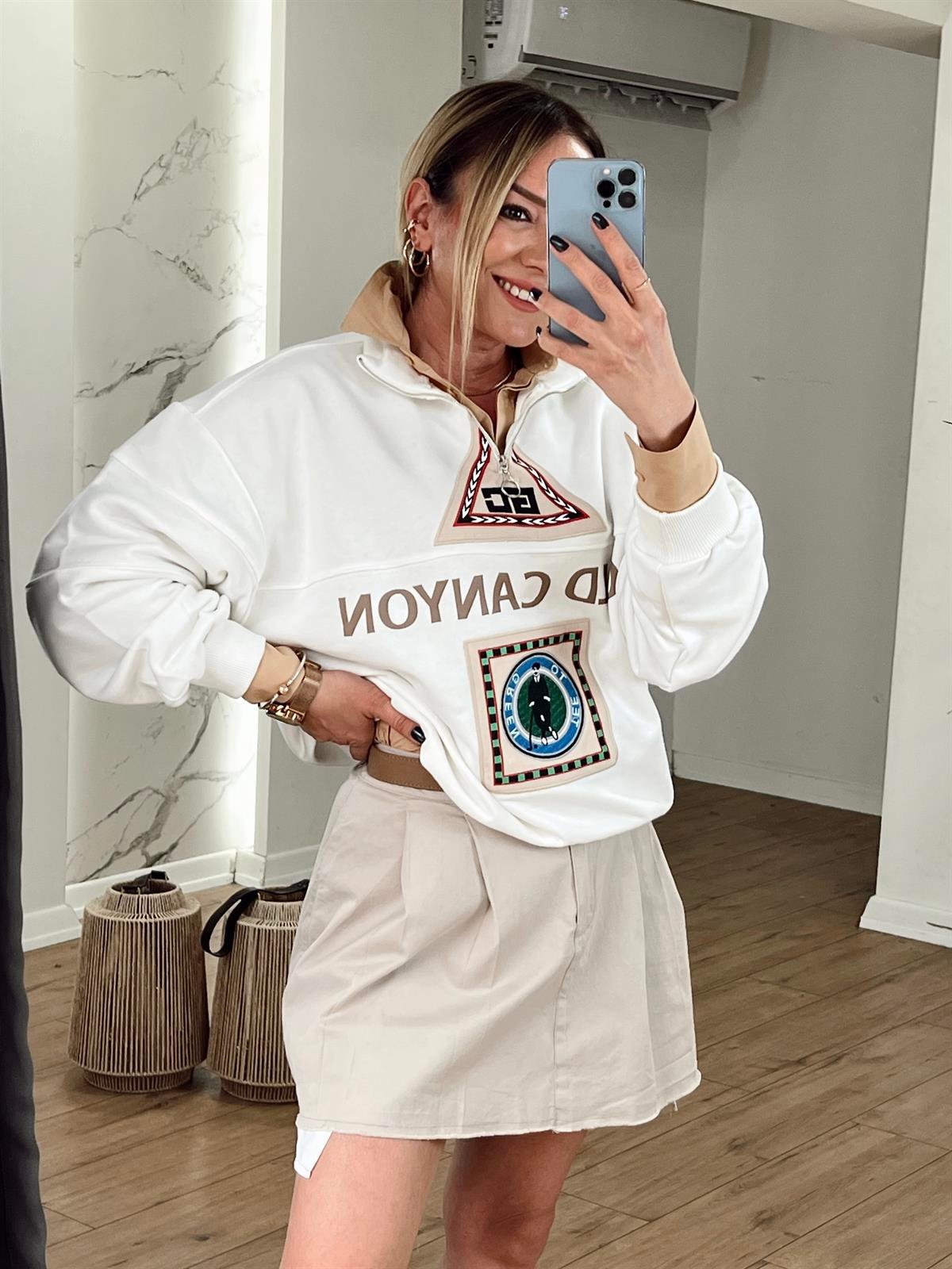 BASKI NAKIŞLI SWEAT EKRU