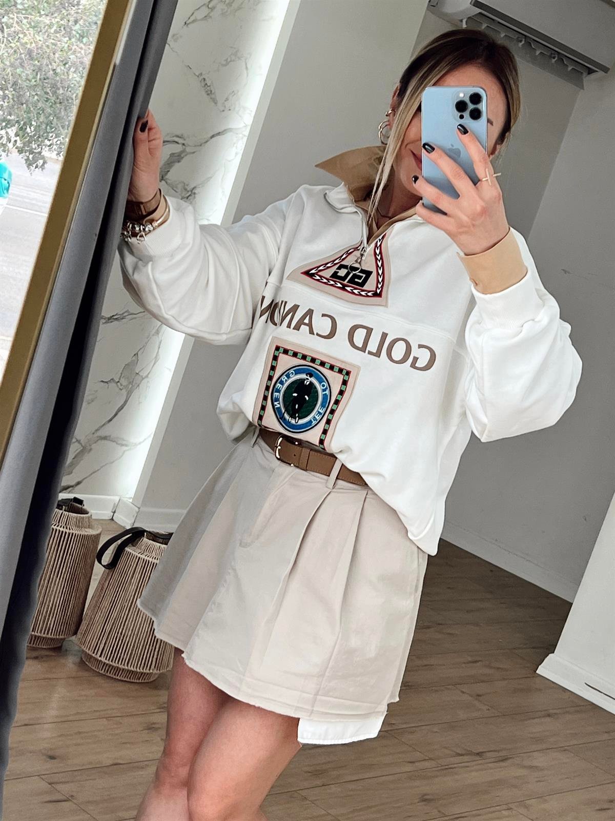 BASKI NAKIŞLI SWEAT EKRU