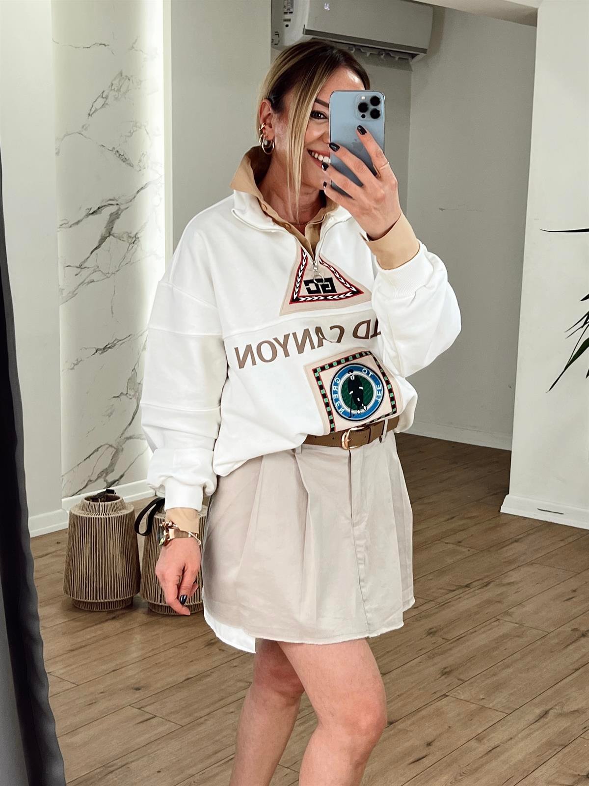BASKI NAKIŞLI SWEAT EKRU