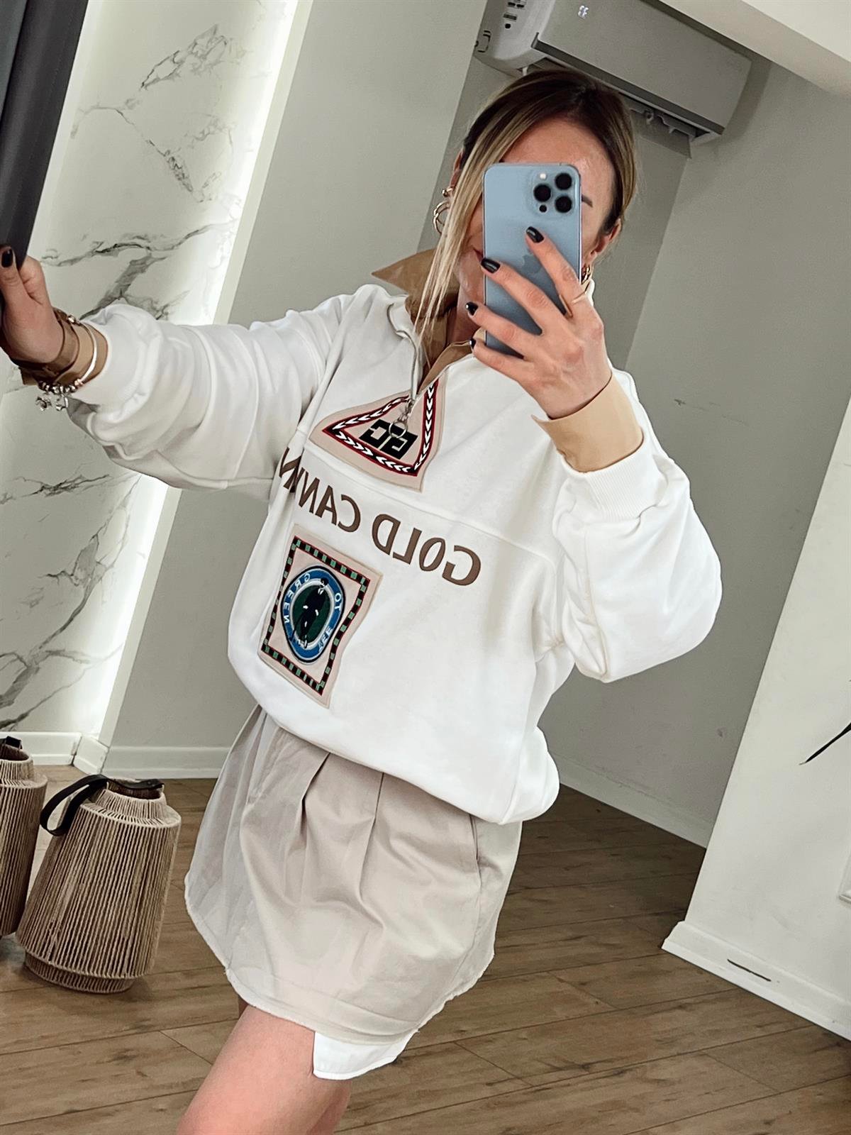 BASKI NAKIŞLI SWEAT EKRU