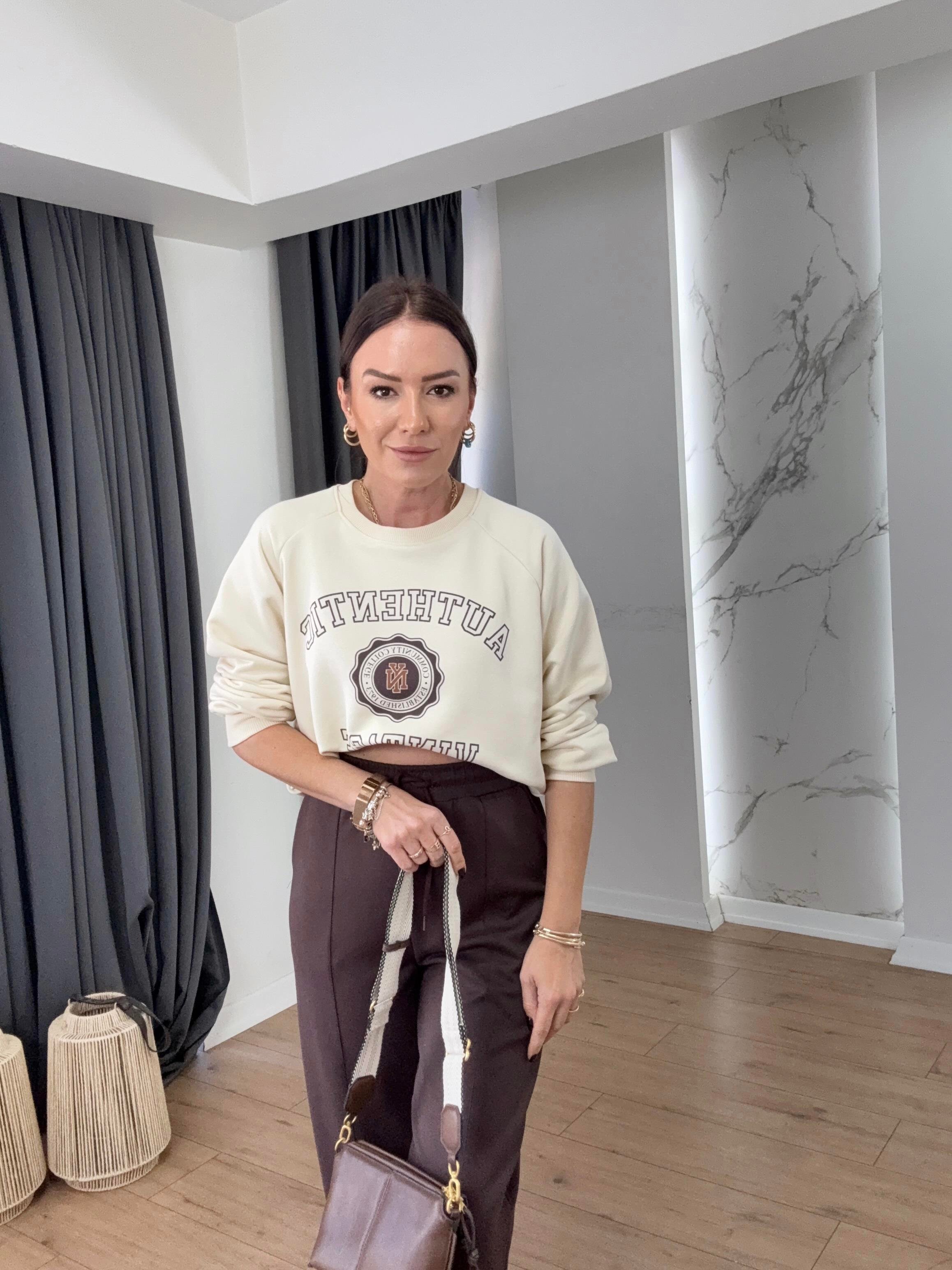 Baskılı Bisiklet Yaka Sweatshirt BEJ