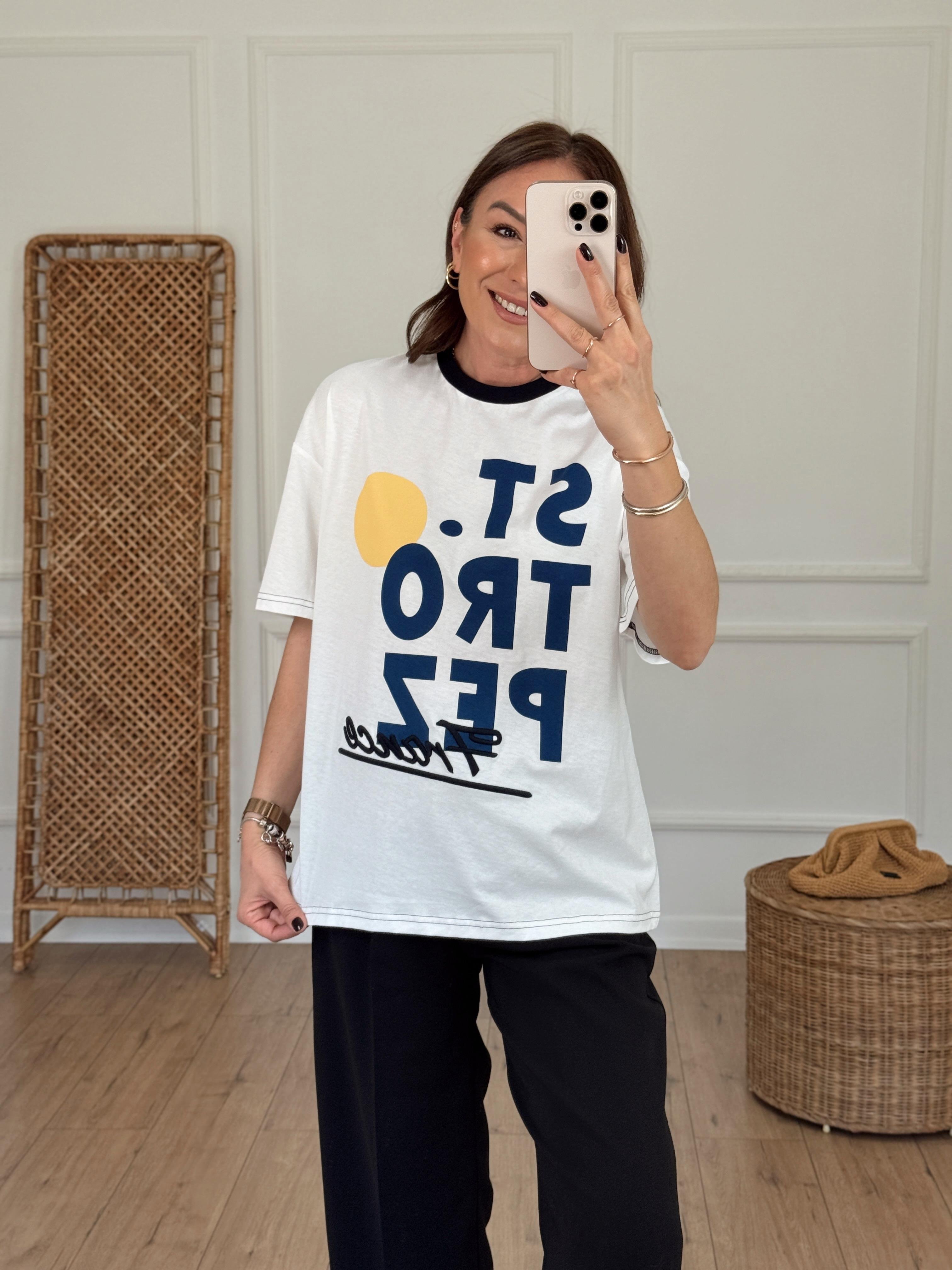 Baskılı Nakış Detaylı Tshirt EKRU