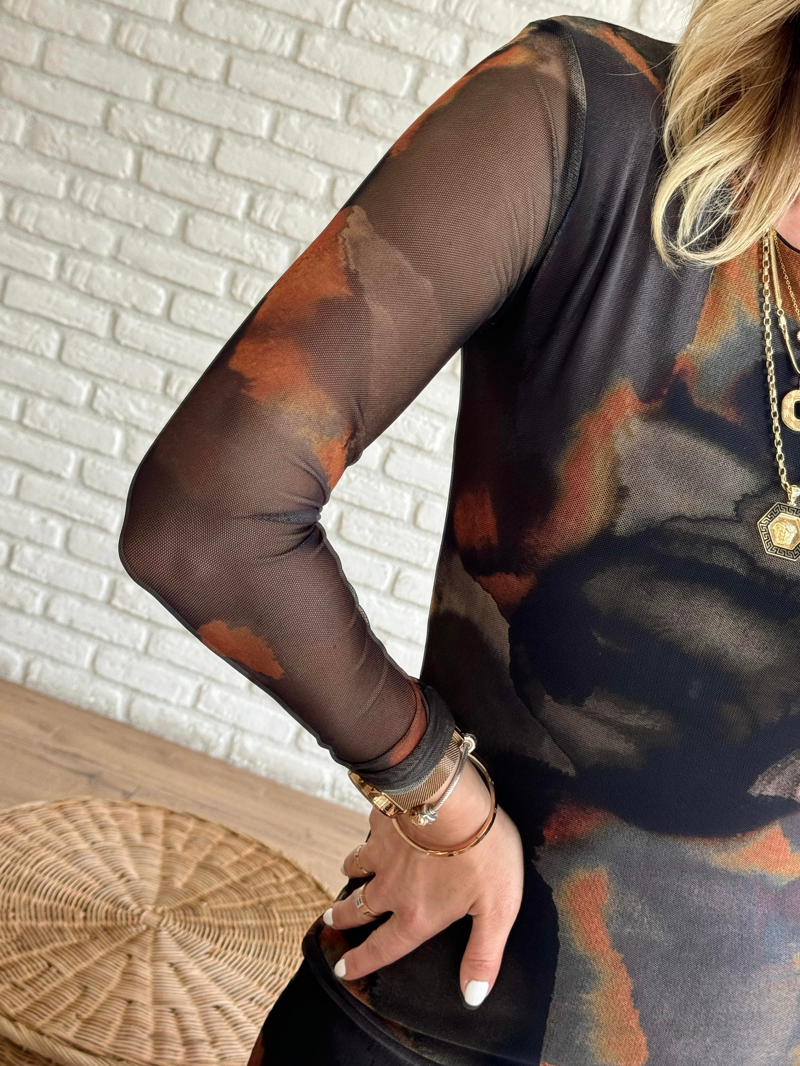 Batik Desenli Astarlı Tül Elbise ORANGE