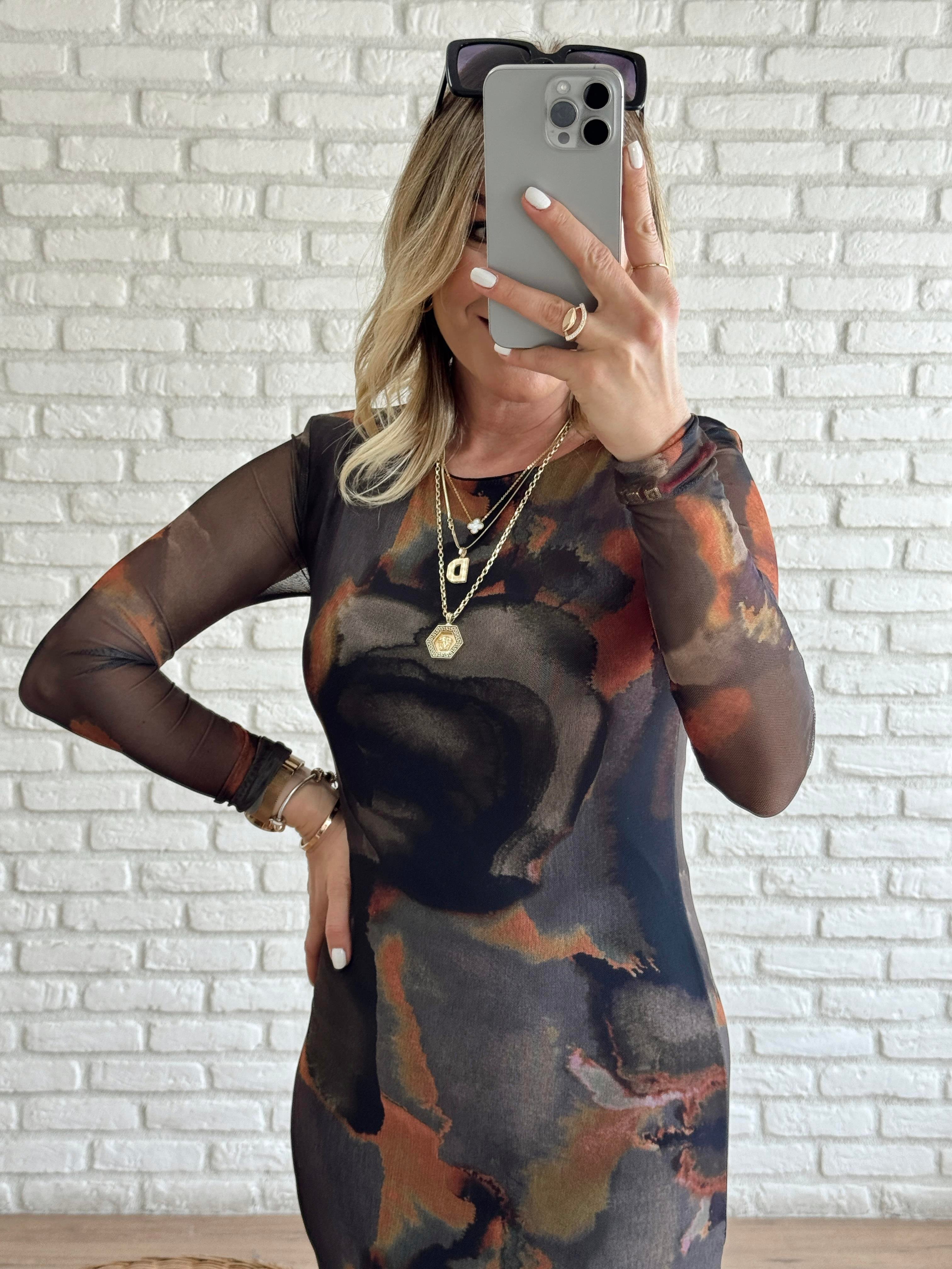 Batik Desenli Astarlı Tül Elbise ORANGE