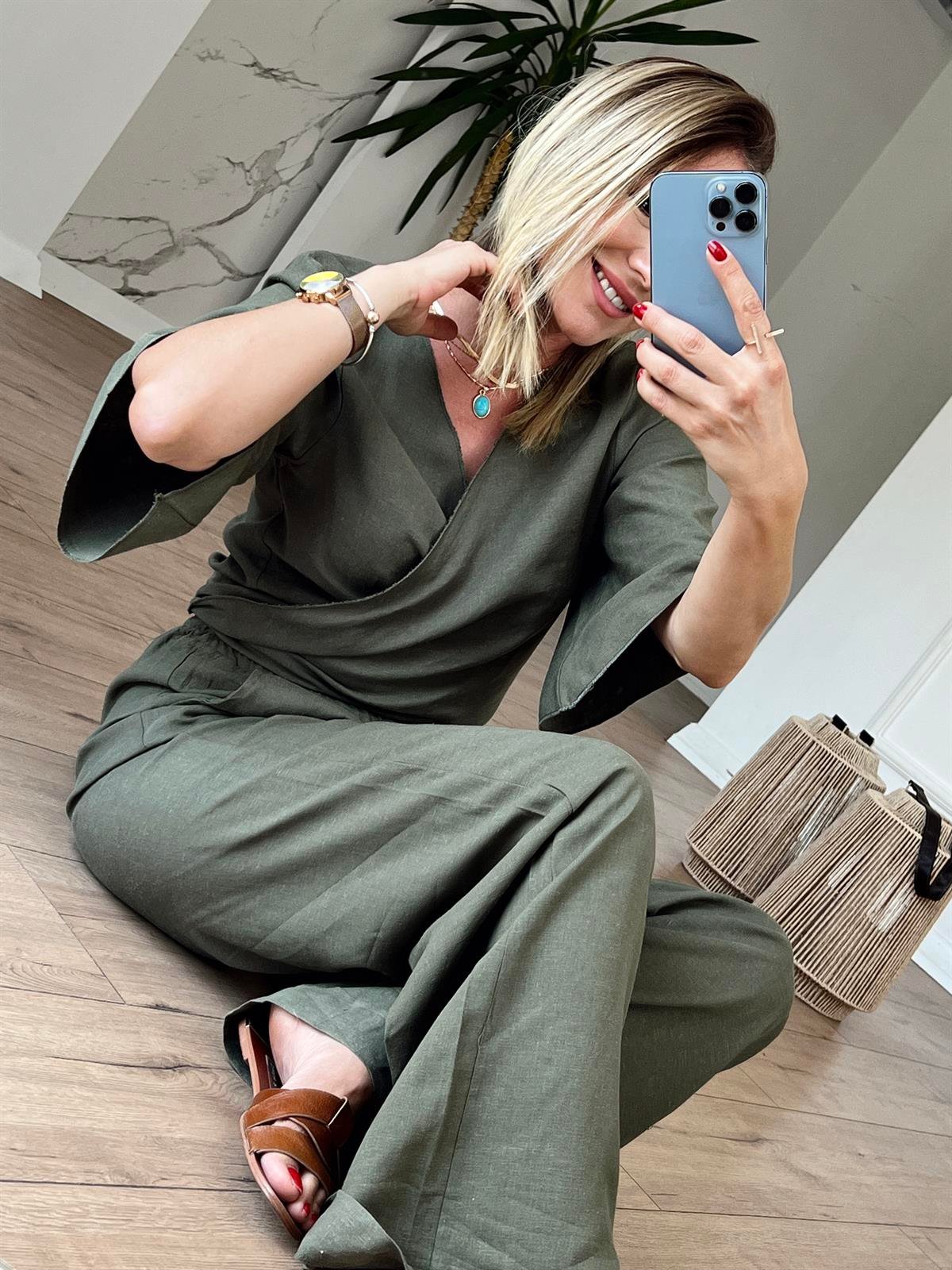 Belden Bağlamalı Keten Bluz HAKİ