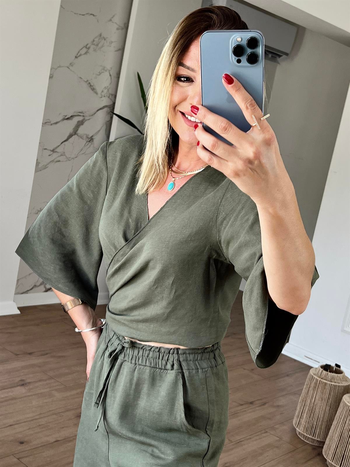 Belden Bağlamalı Keten Bluz HAKİ