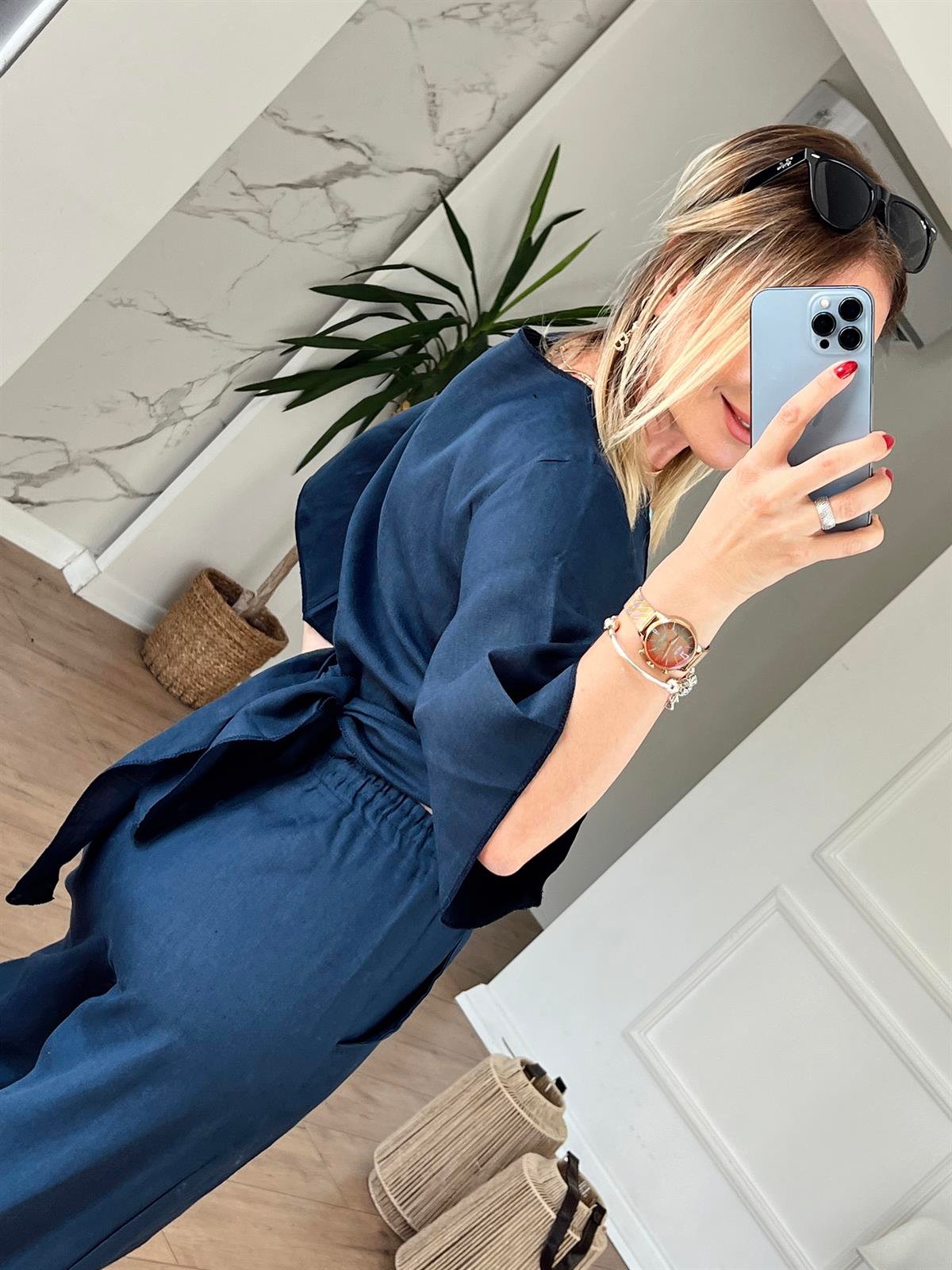 Belden Bağlamalı Keten Bluz LACİVERT