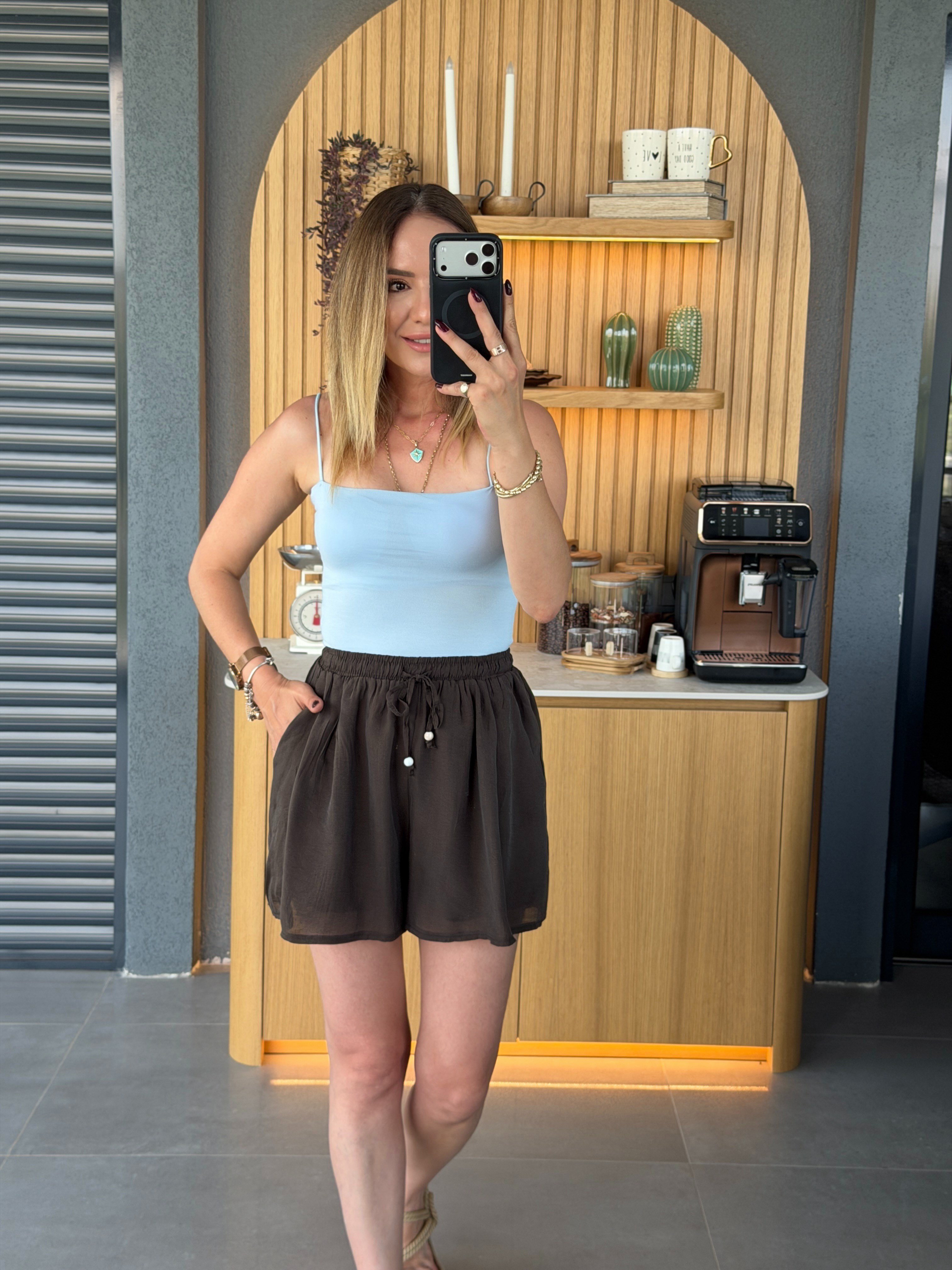 Beli Bağcıklı Liyosel Şort KOYU KAHVE
