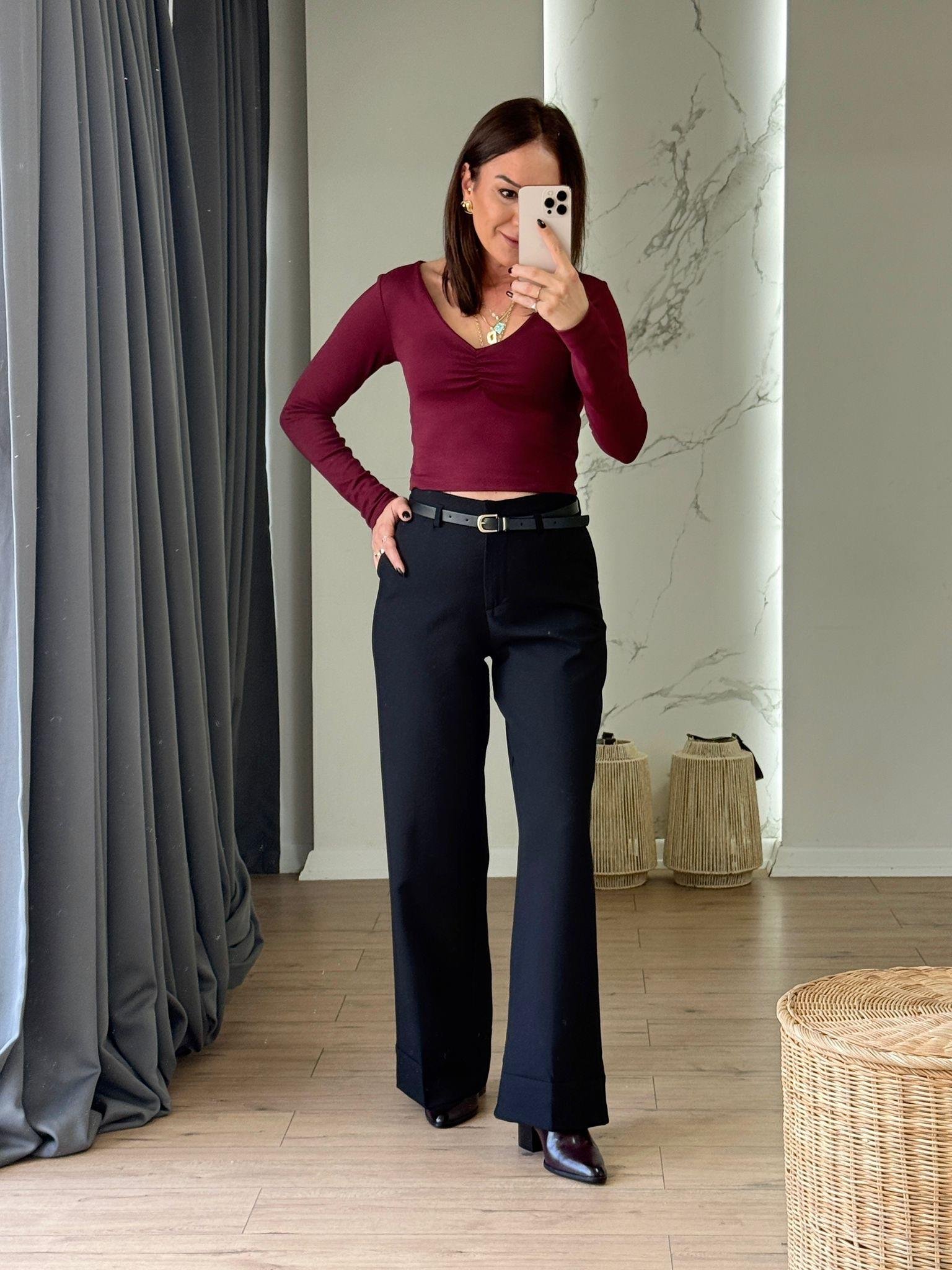 Beli Kemerli Bol Paça Pantolon SİYAH