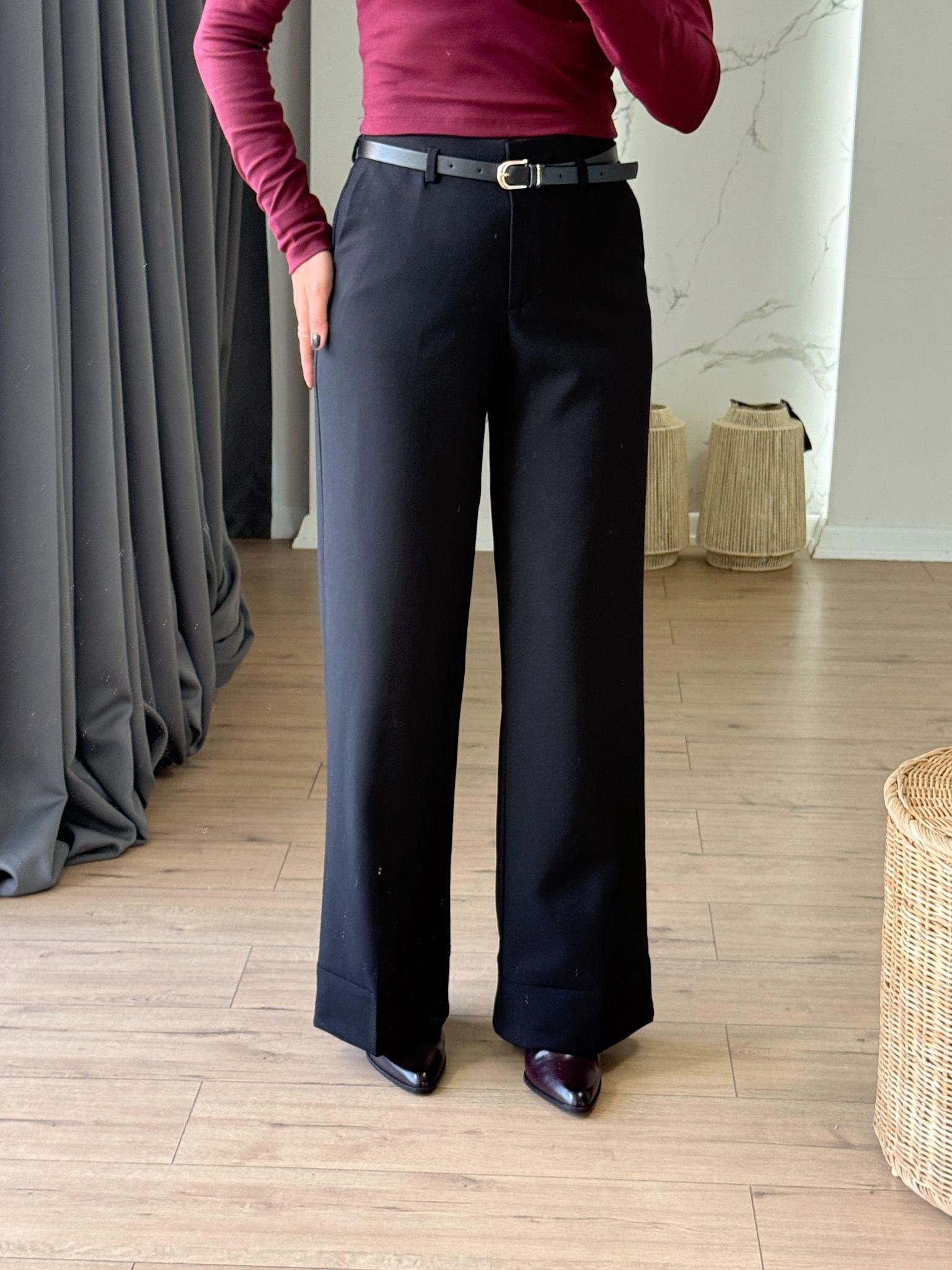 Beli Kemerli Bol Paça Pantolon SİYAH