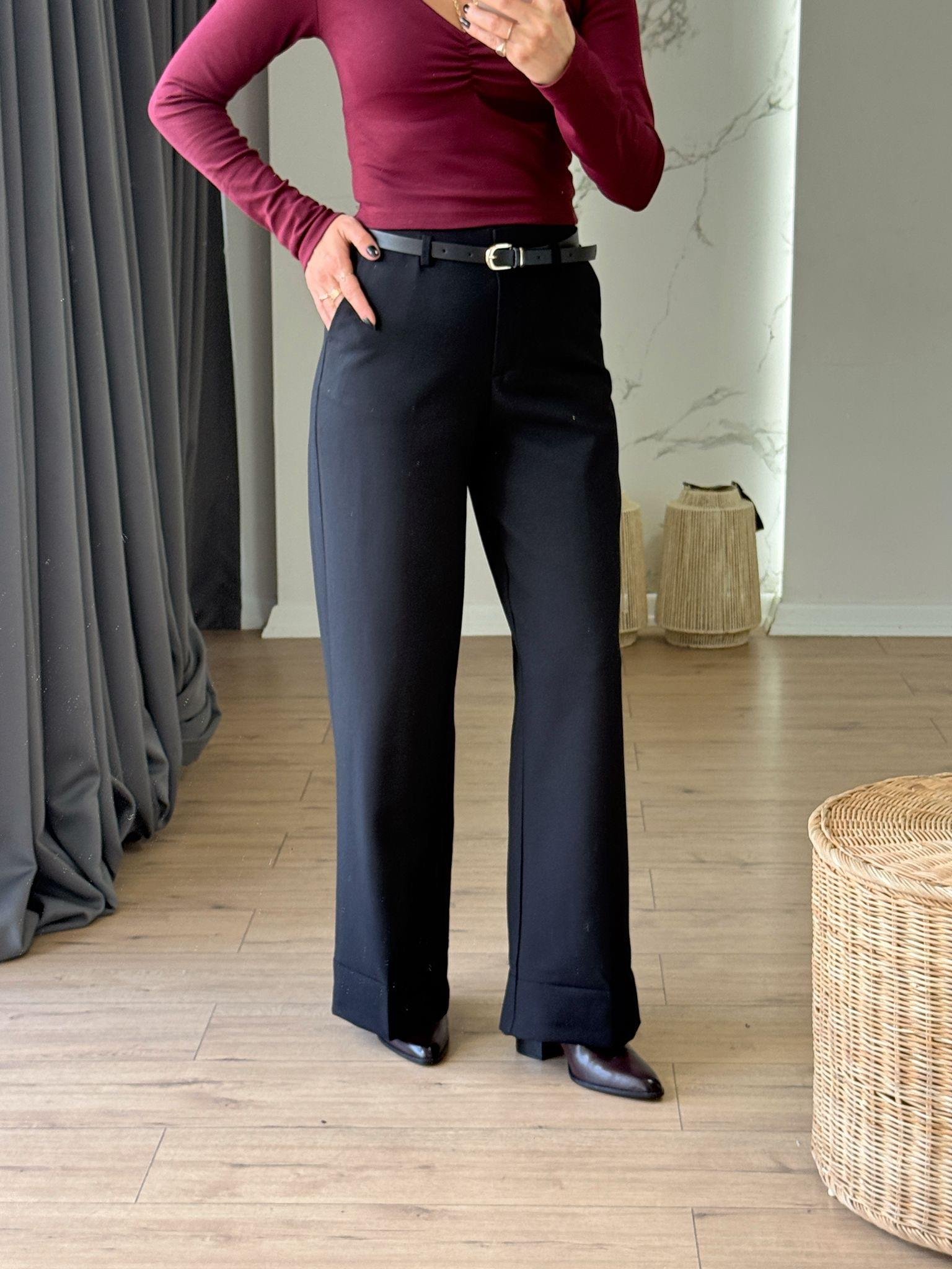 Beli Kemerli Bol Paça Pantolon SİYAH