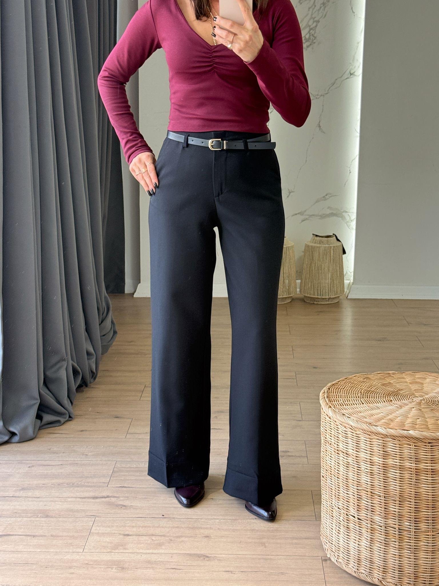 Beli Kemerli Bol Paça Pantolon SİYAH