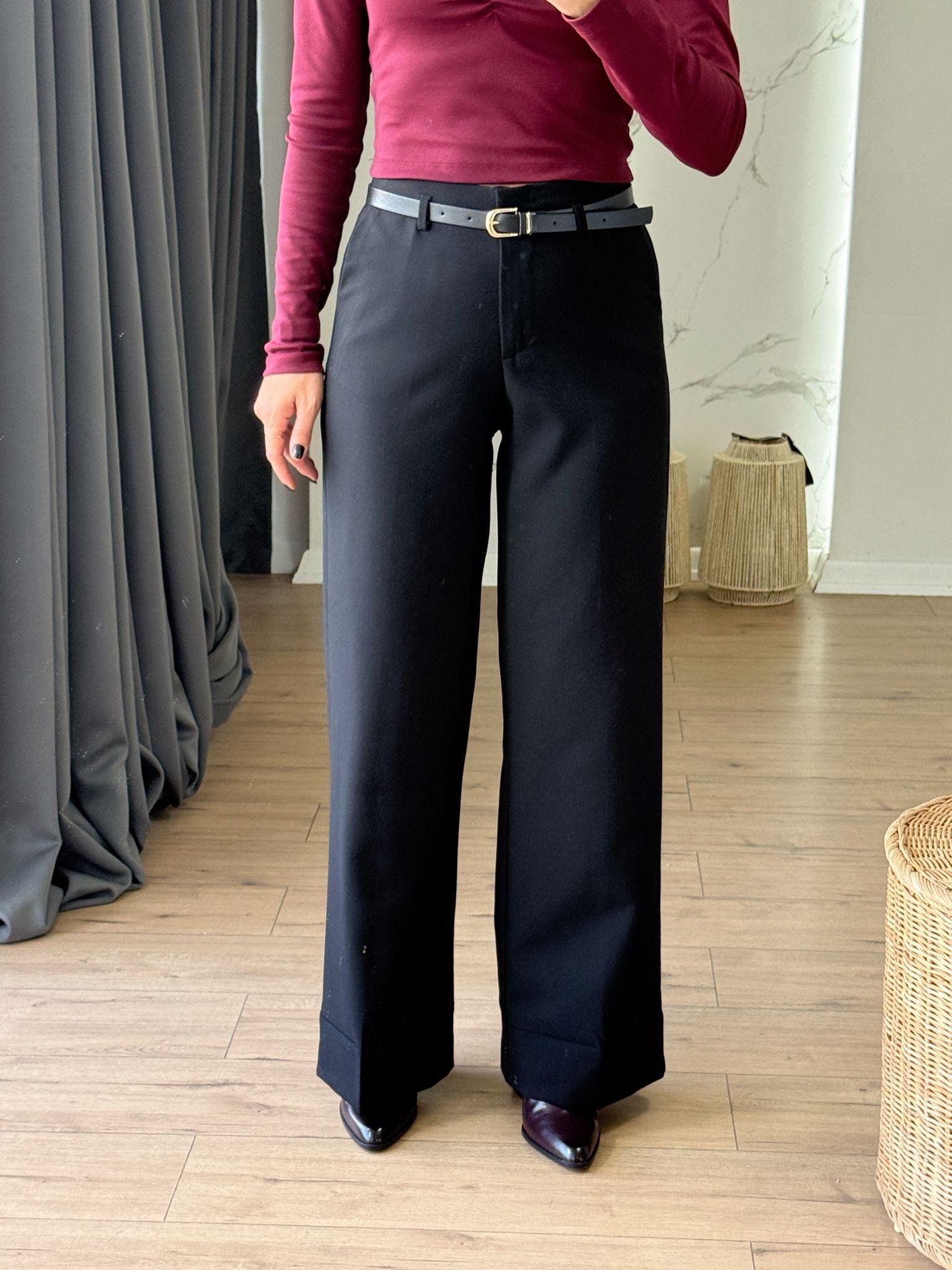 Beli Kemerli Bol Paça Pantolon SİYAH