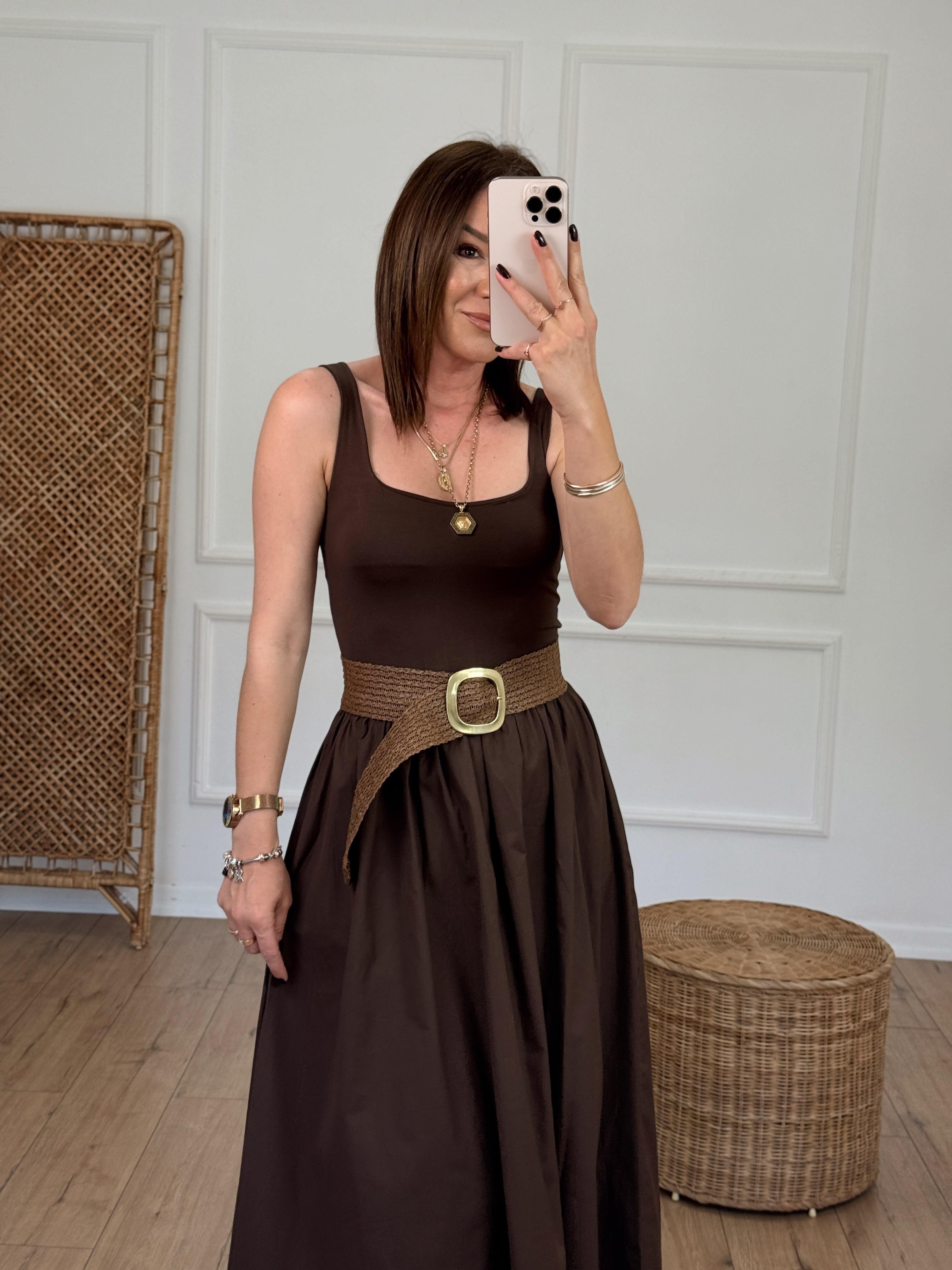 Beli Lastikli Askılı Elbise KAHVE