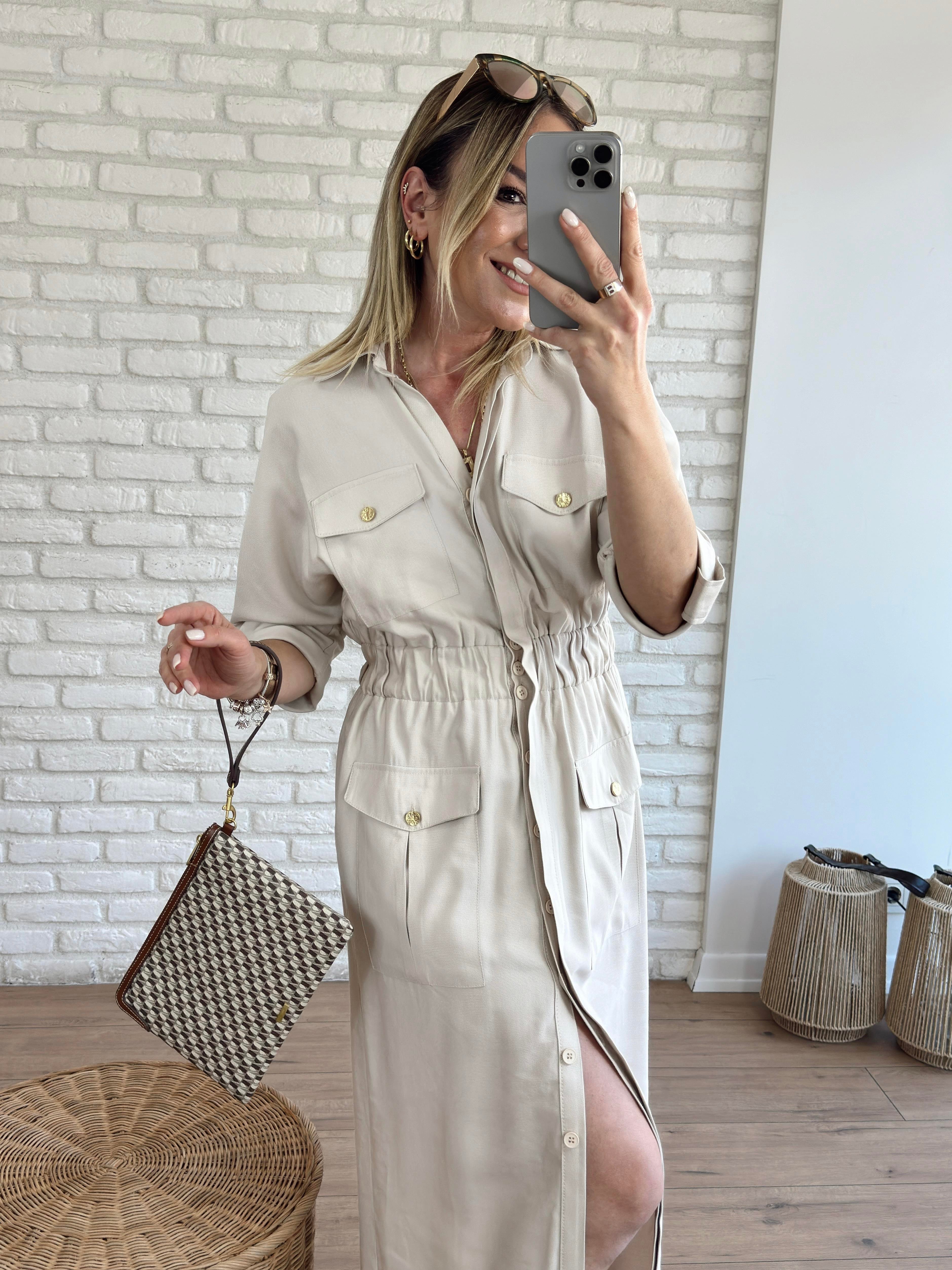 Beli Lastikli Cep Detaylı Elbise TAŞ