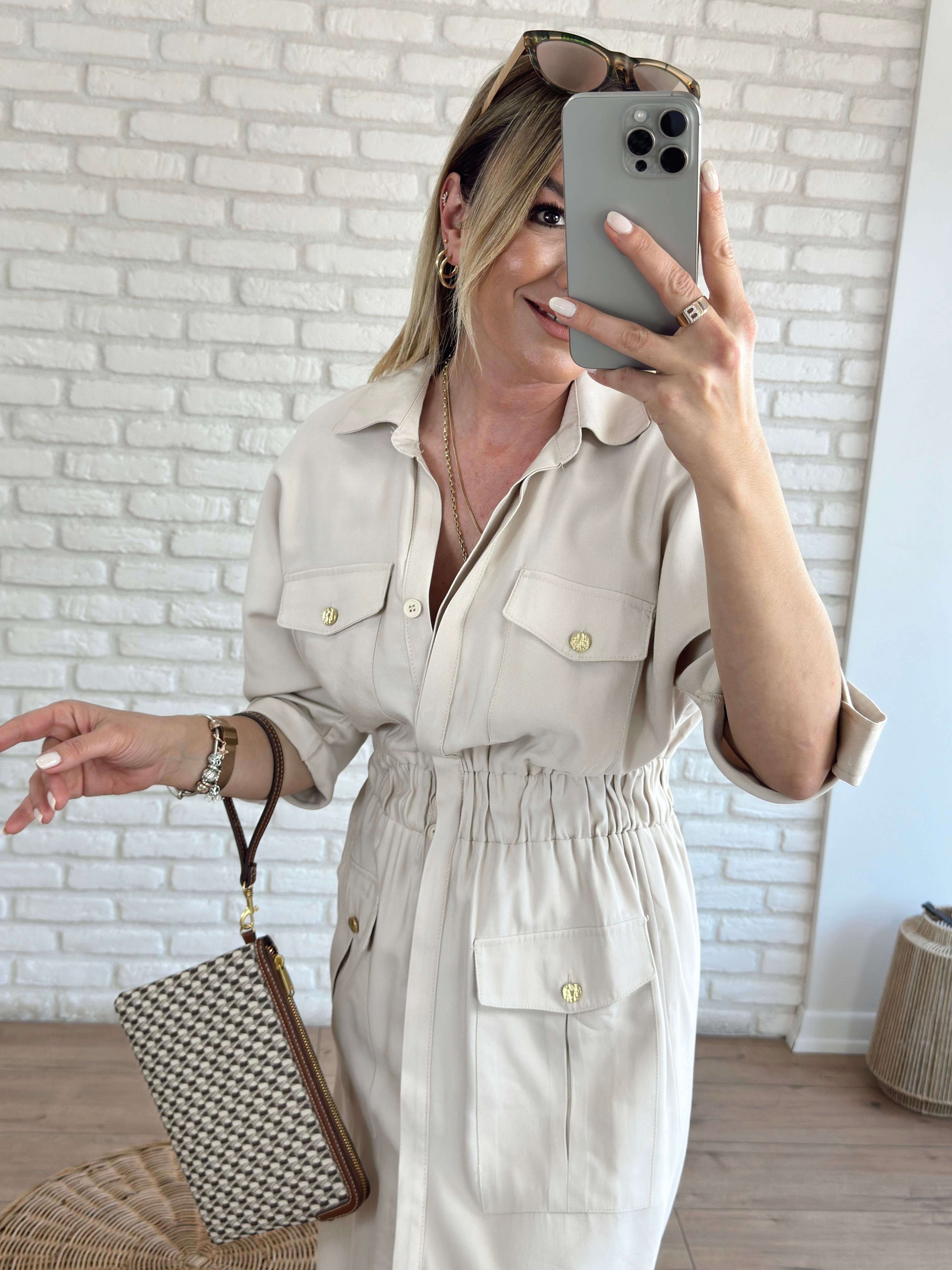 Beli Lastikli Cep Detaylı Elbise TAŞ
