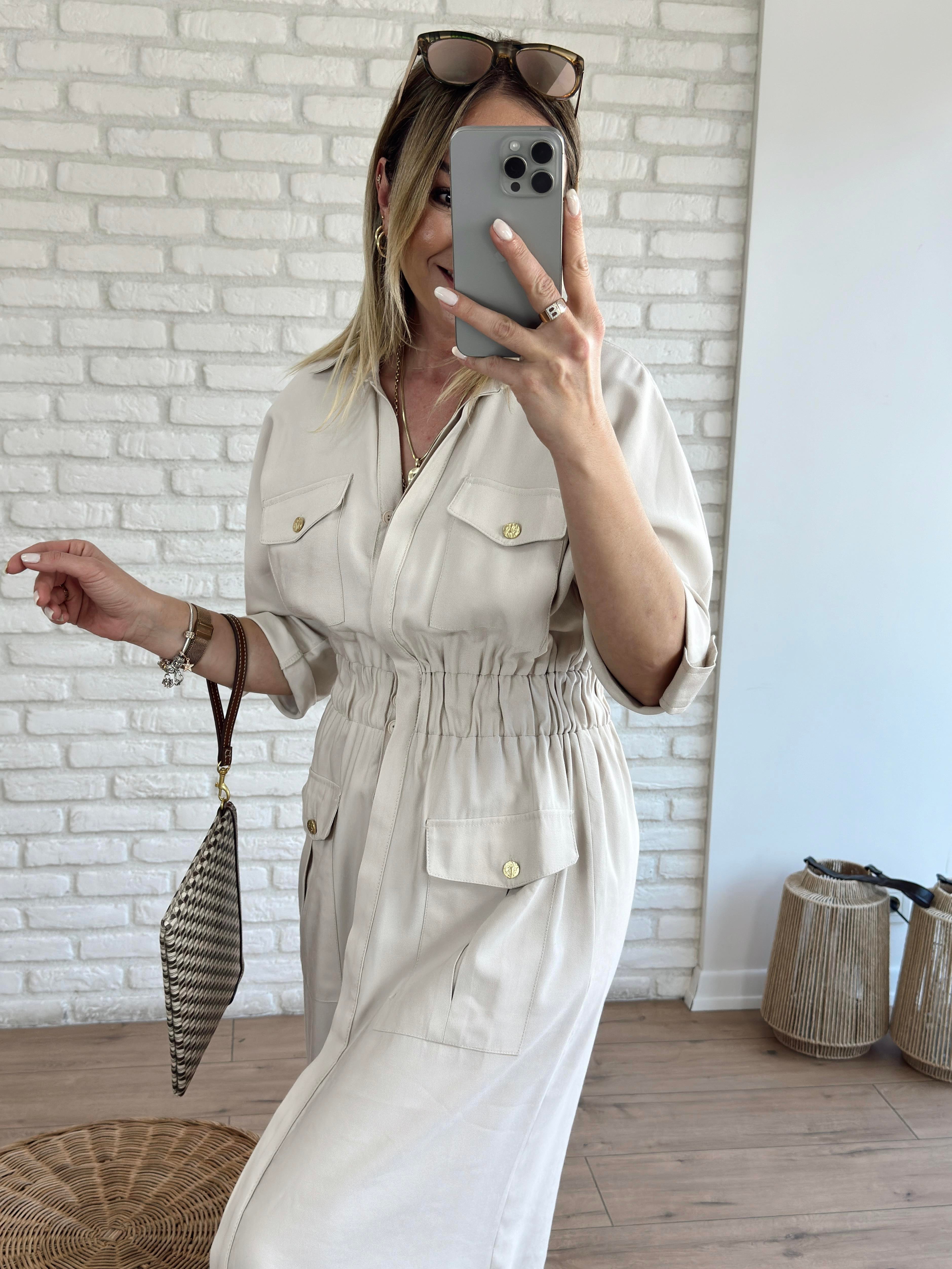 Beli Lastikli Cep Detaylı Elbise TAŞ