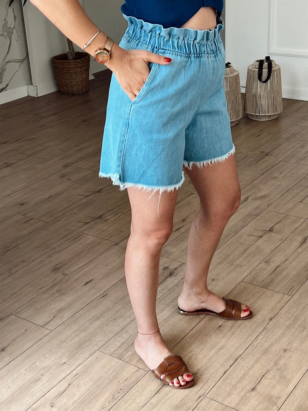 Beli Lastikli Denim Şort MAVİ