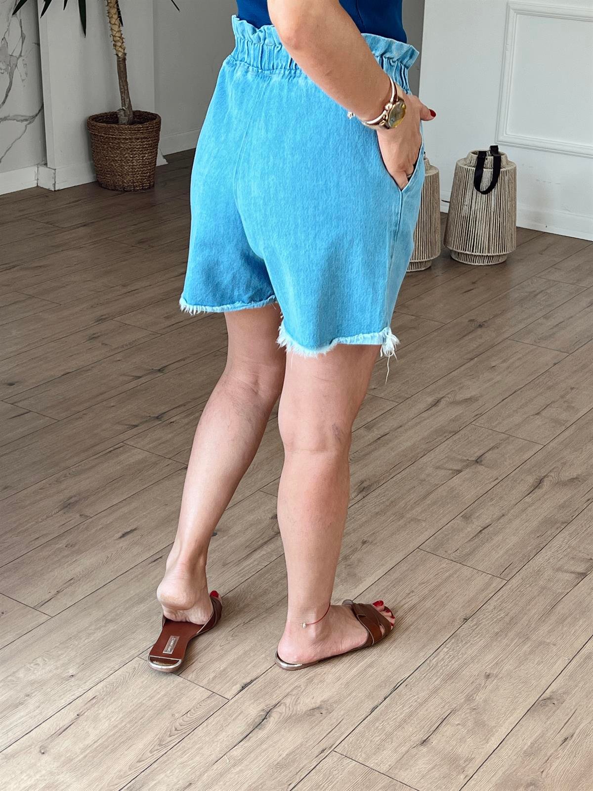 Beli Lastikli Denim Şort MAVİ