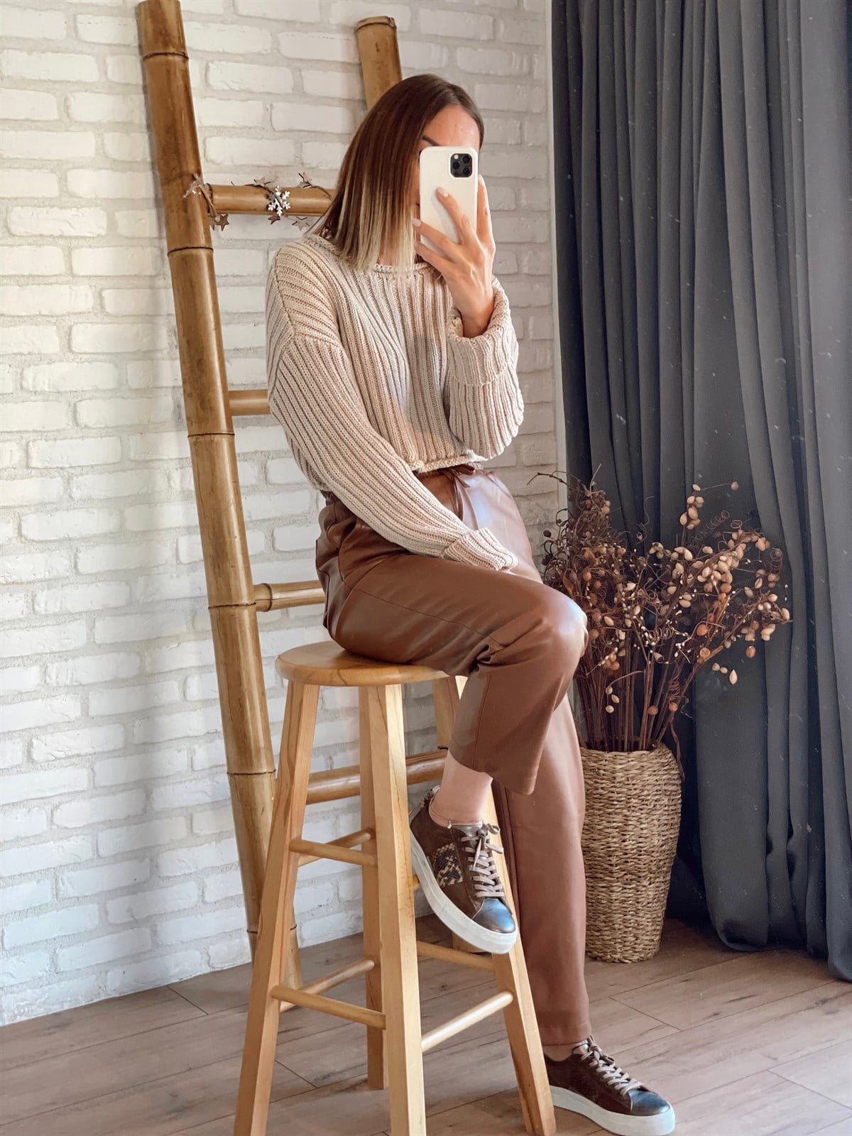 Beli Lastikli Deri Pantolon Kahve 