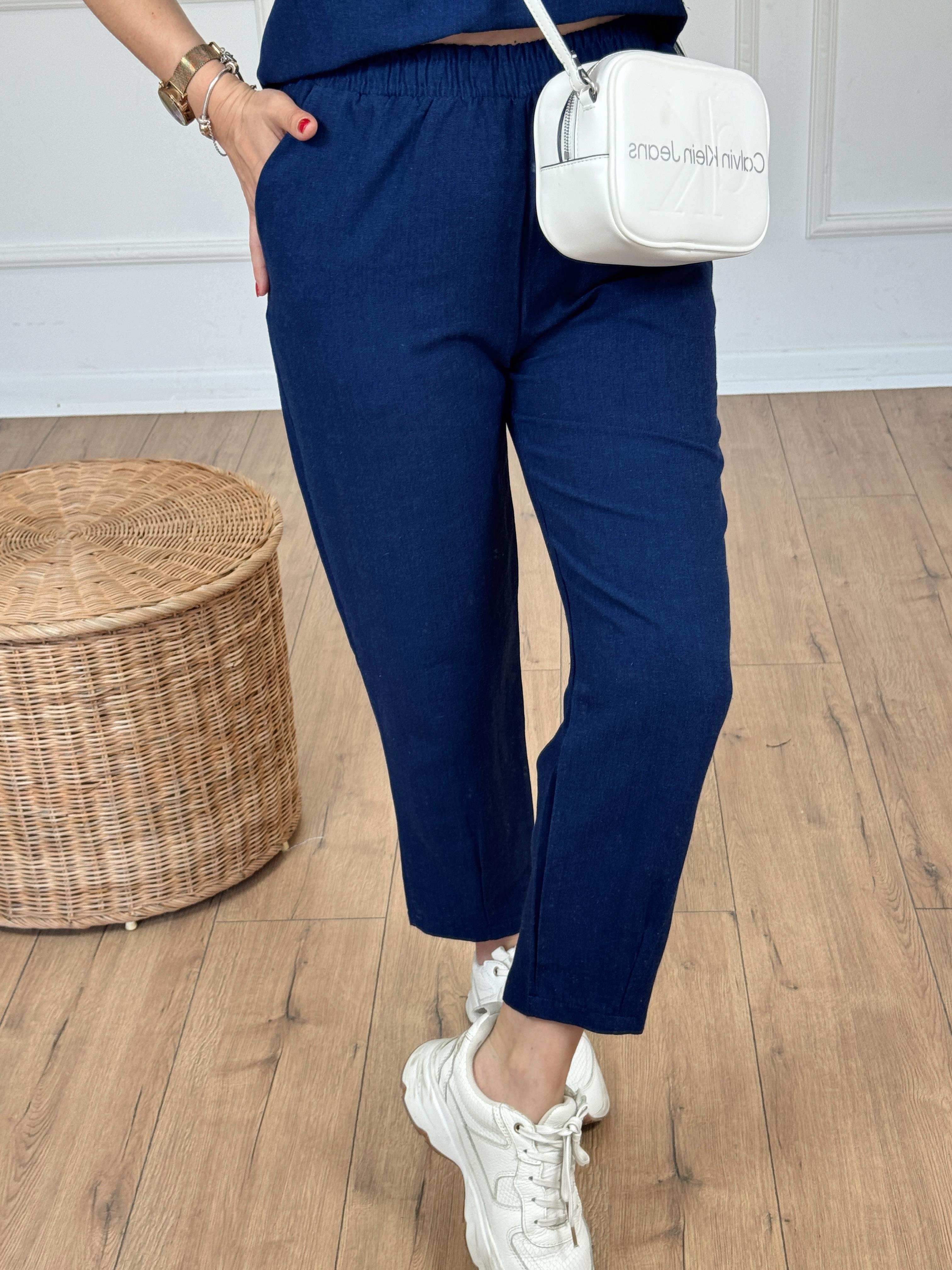 Beli Lastikli Keten Pantolon LACİVERT