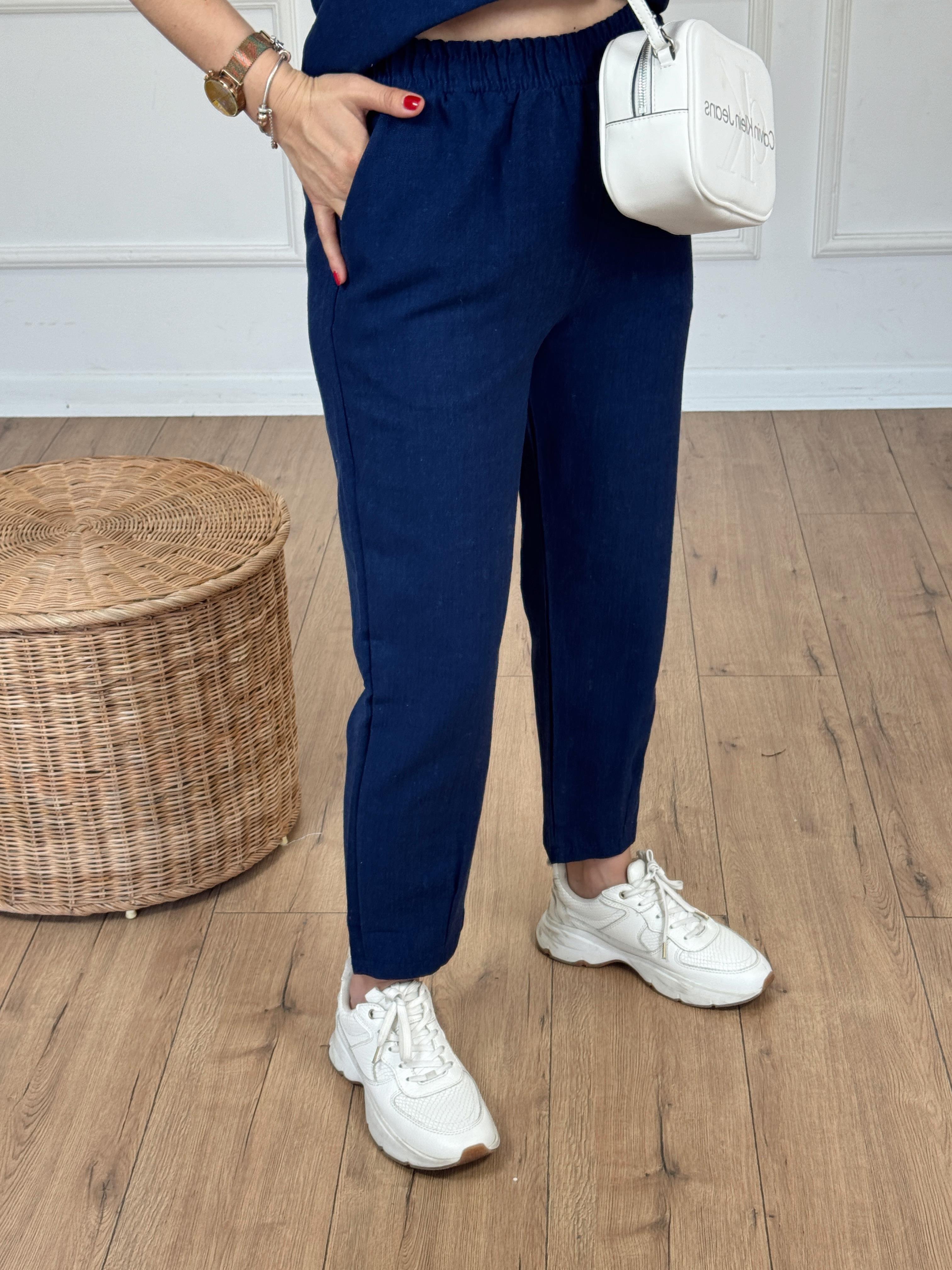 Beli Lastikli Keten Pantolon LACİVERT
