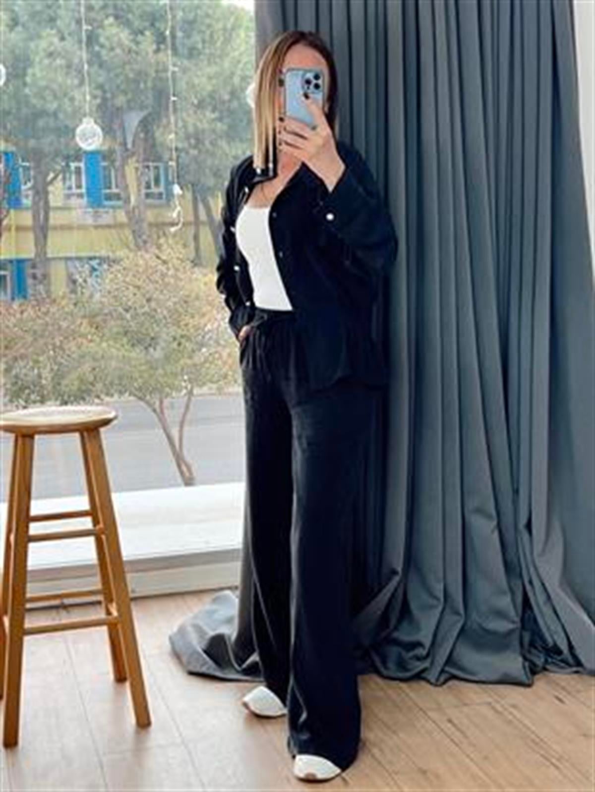 BELİ LASTİKLİ TENSEL PANTOLON SİYAH
