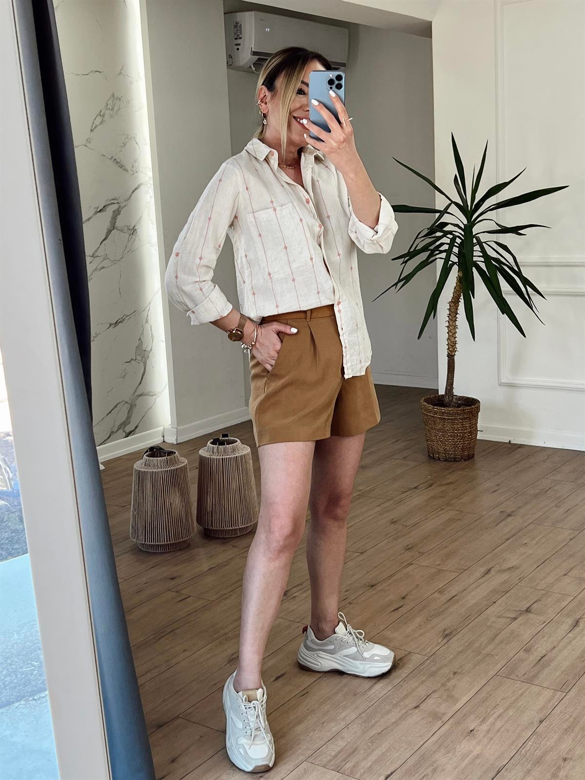 BELİ LASTİKLİ TENSEL ŞORT CAMEL