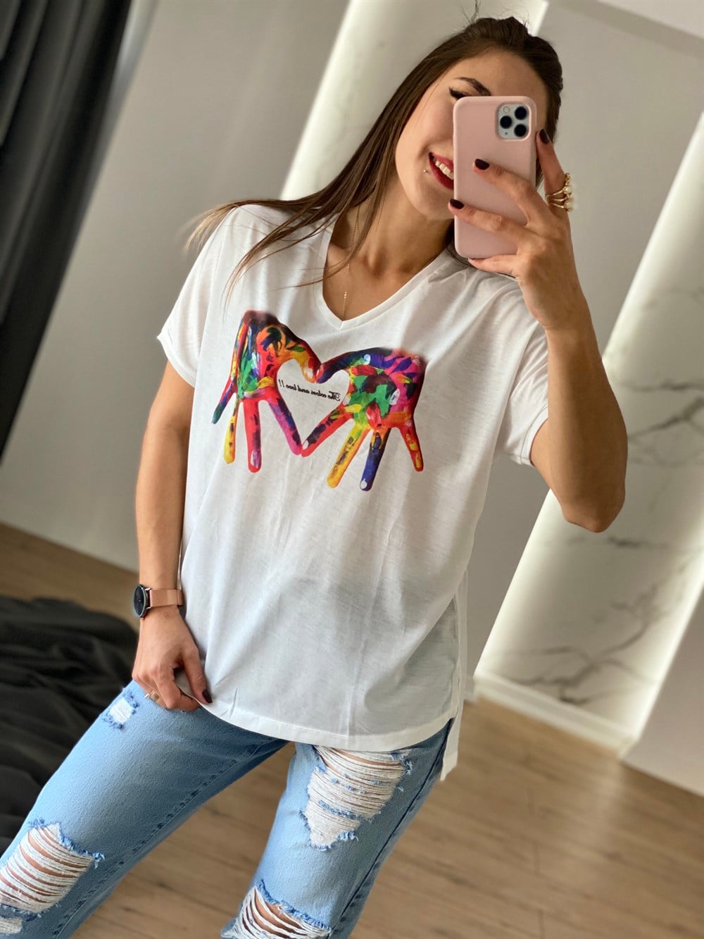 Beyaz El Baskılı Tişört