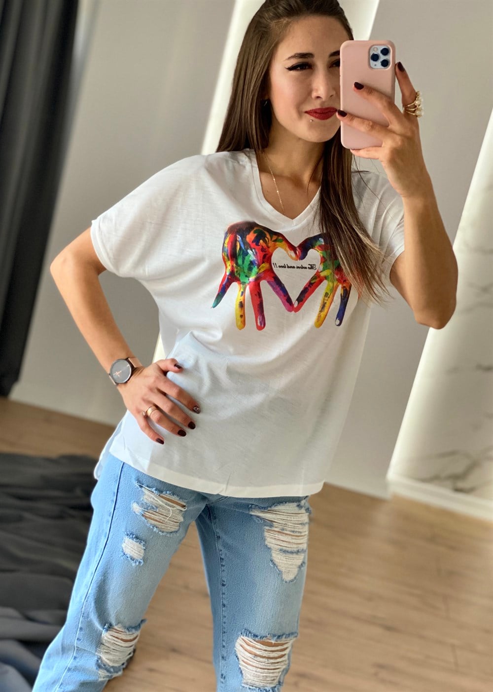 Beyaz El Baskılı Tişört