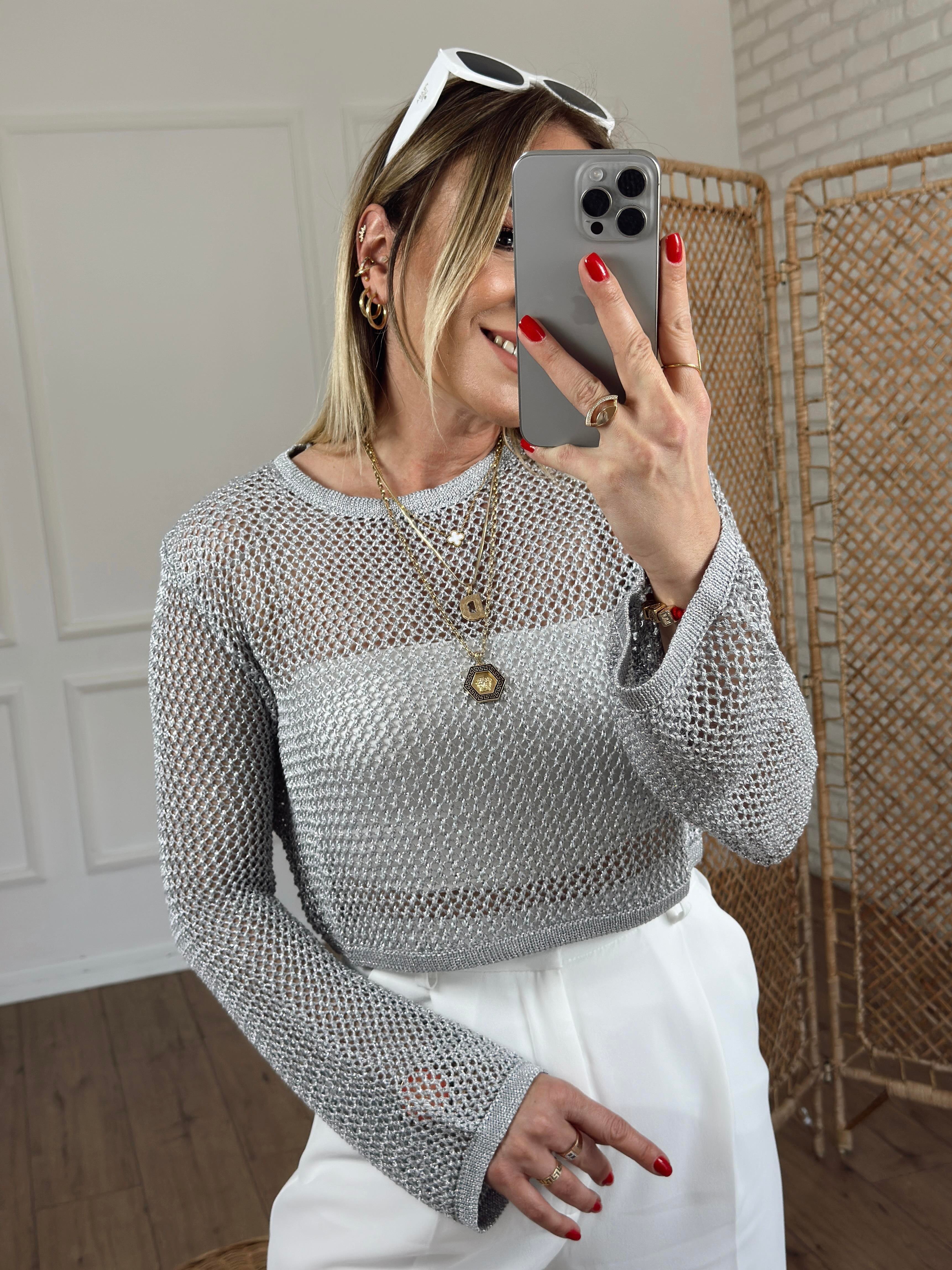 Bisiklet Yaka Ajur Desen Crop GRİ