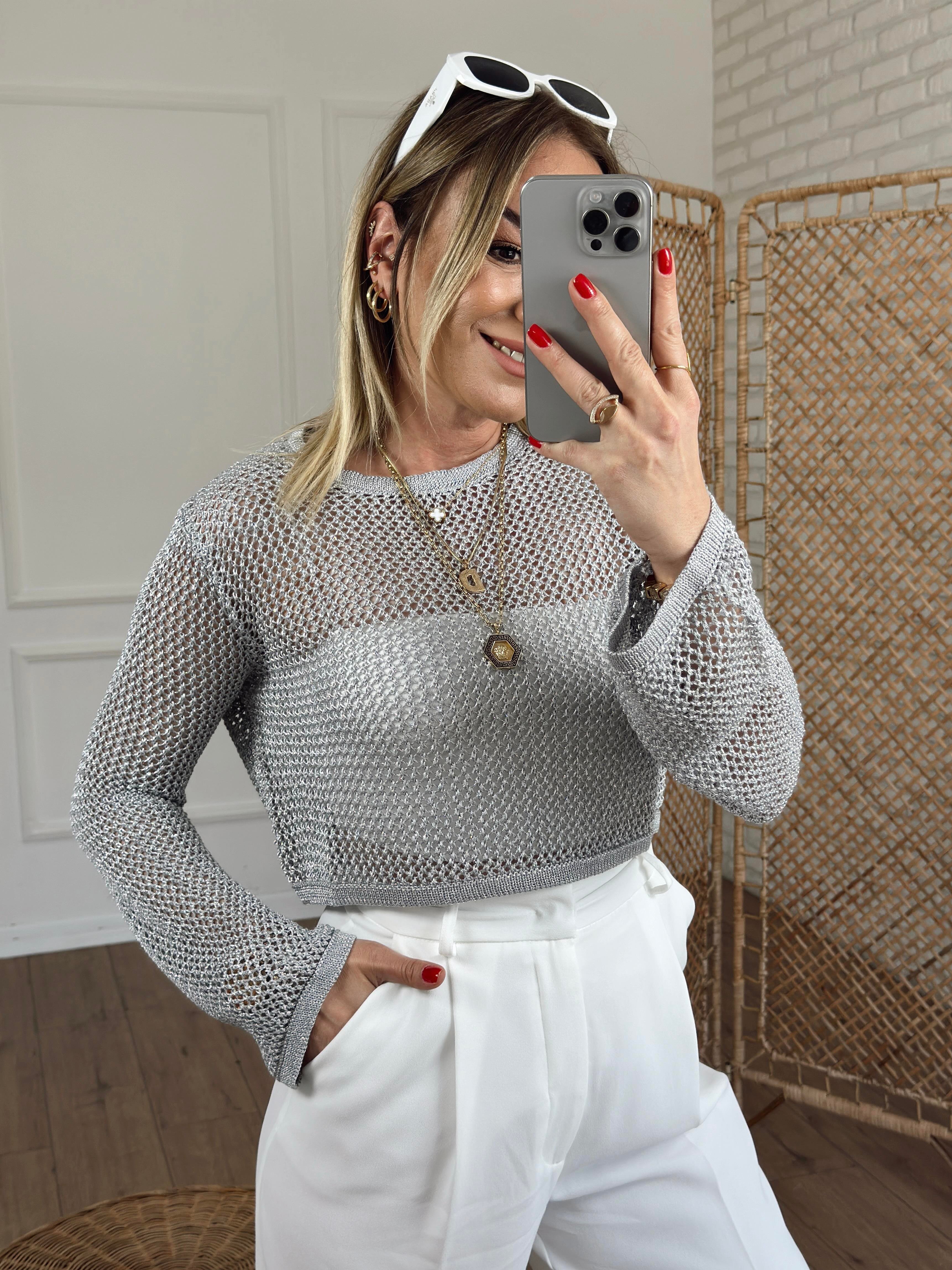 Bisiklet Yaka Ajur Desen Crop GRİ