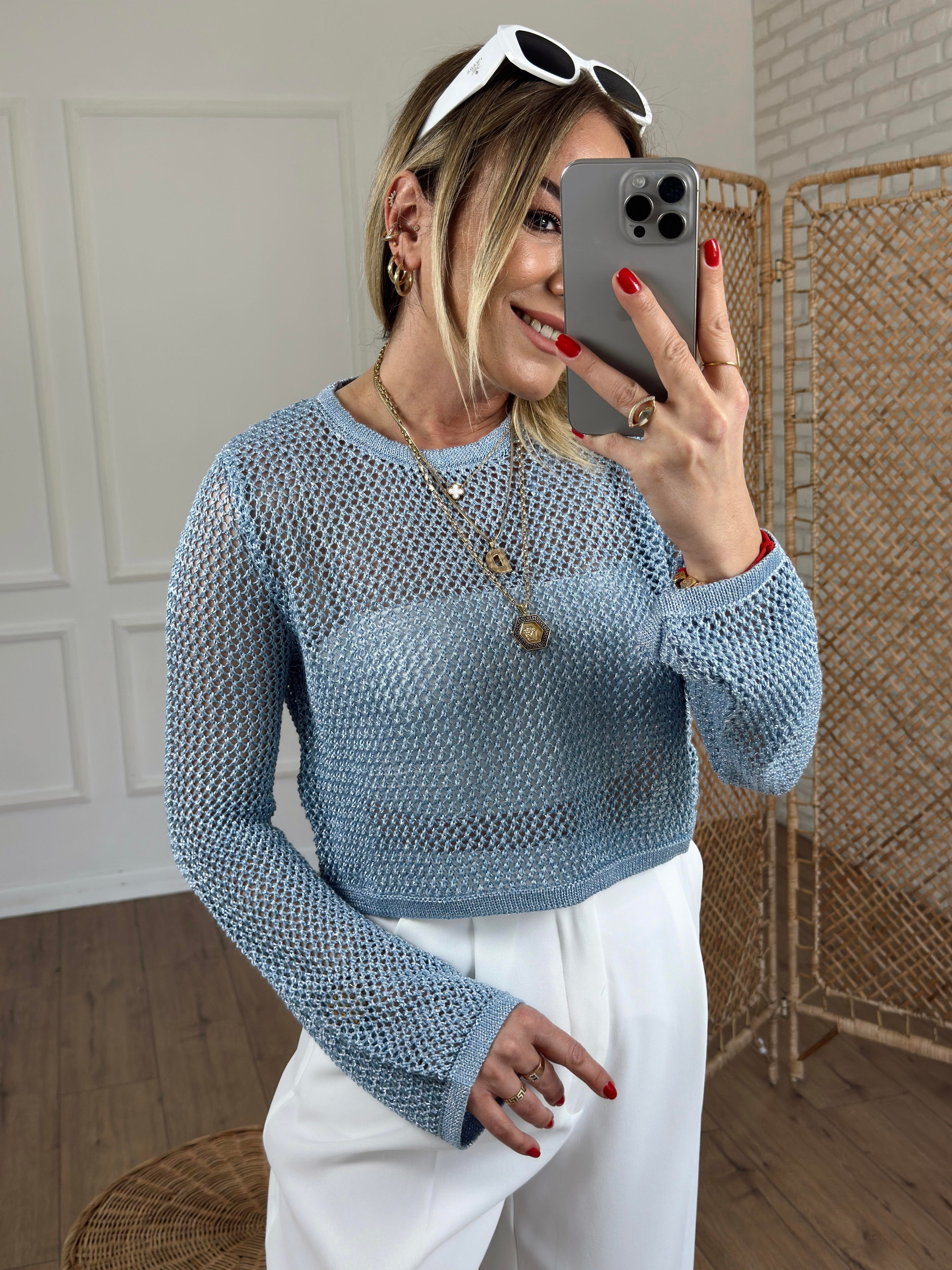 Bisiklet Yaka Ajur Desen Crop MAVİ