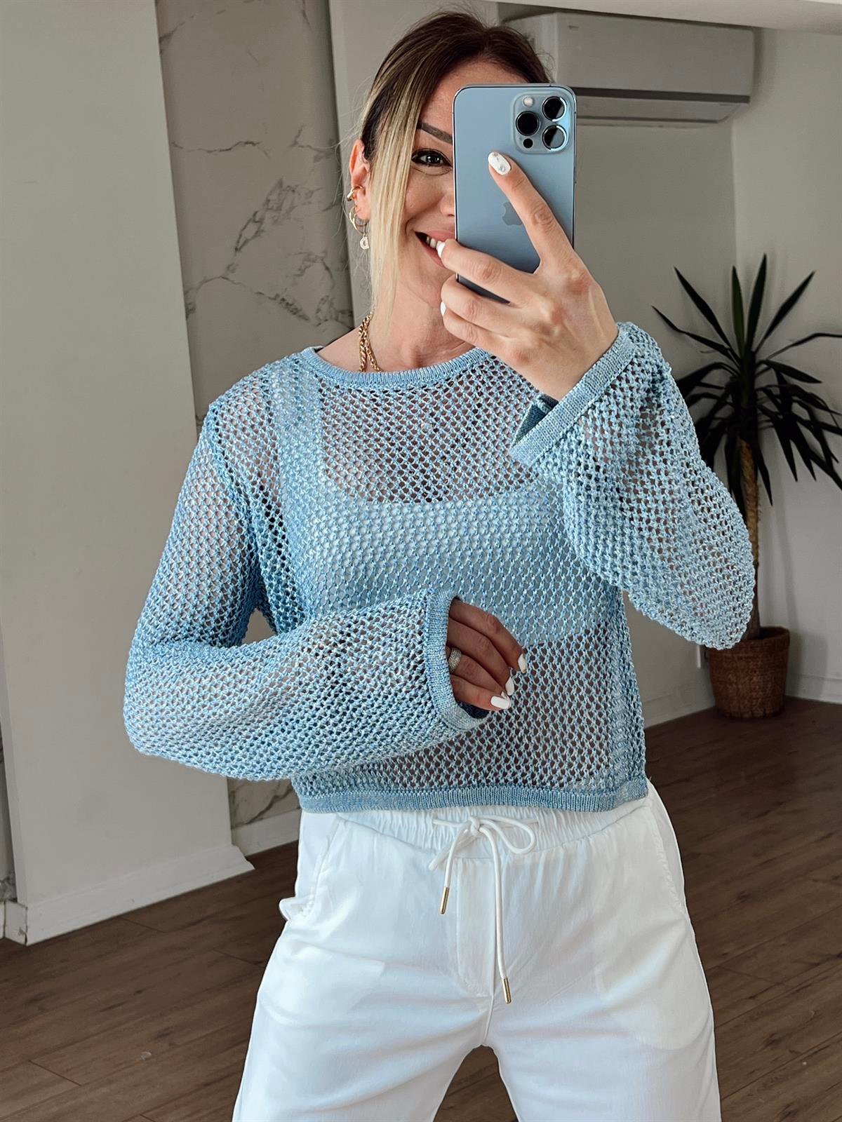 Bisiklet Yaka Ajur Desen Crop MAVİ