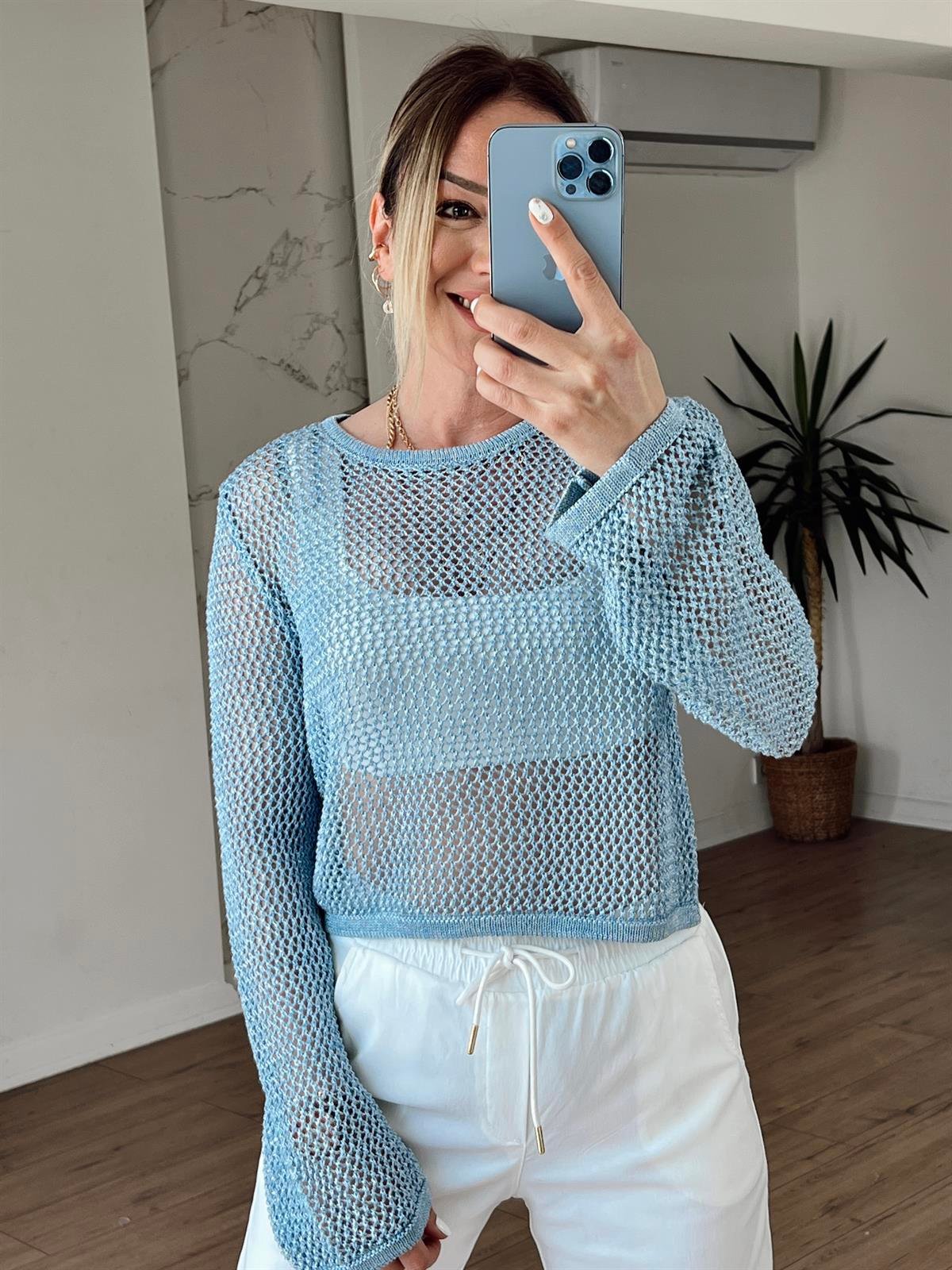 Bisiklet Yaka Ajur Desen Crop MAVİ